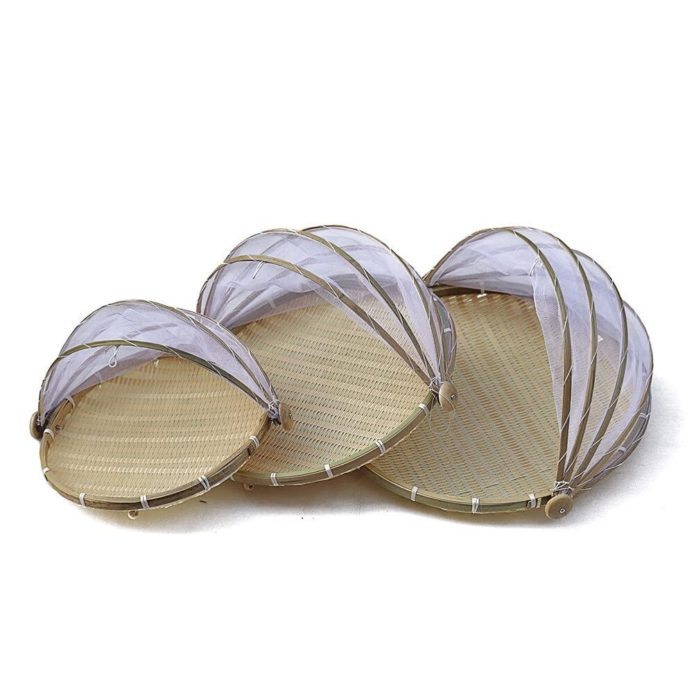 EUBUY Bamboo Food Serving Tent Basket with Cover, 1 PCS Hand-Woven Dustproof Round Picnic Basket Covered Bamboo Serving Food Tent Basket for Vegetable Fruits