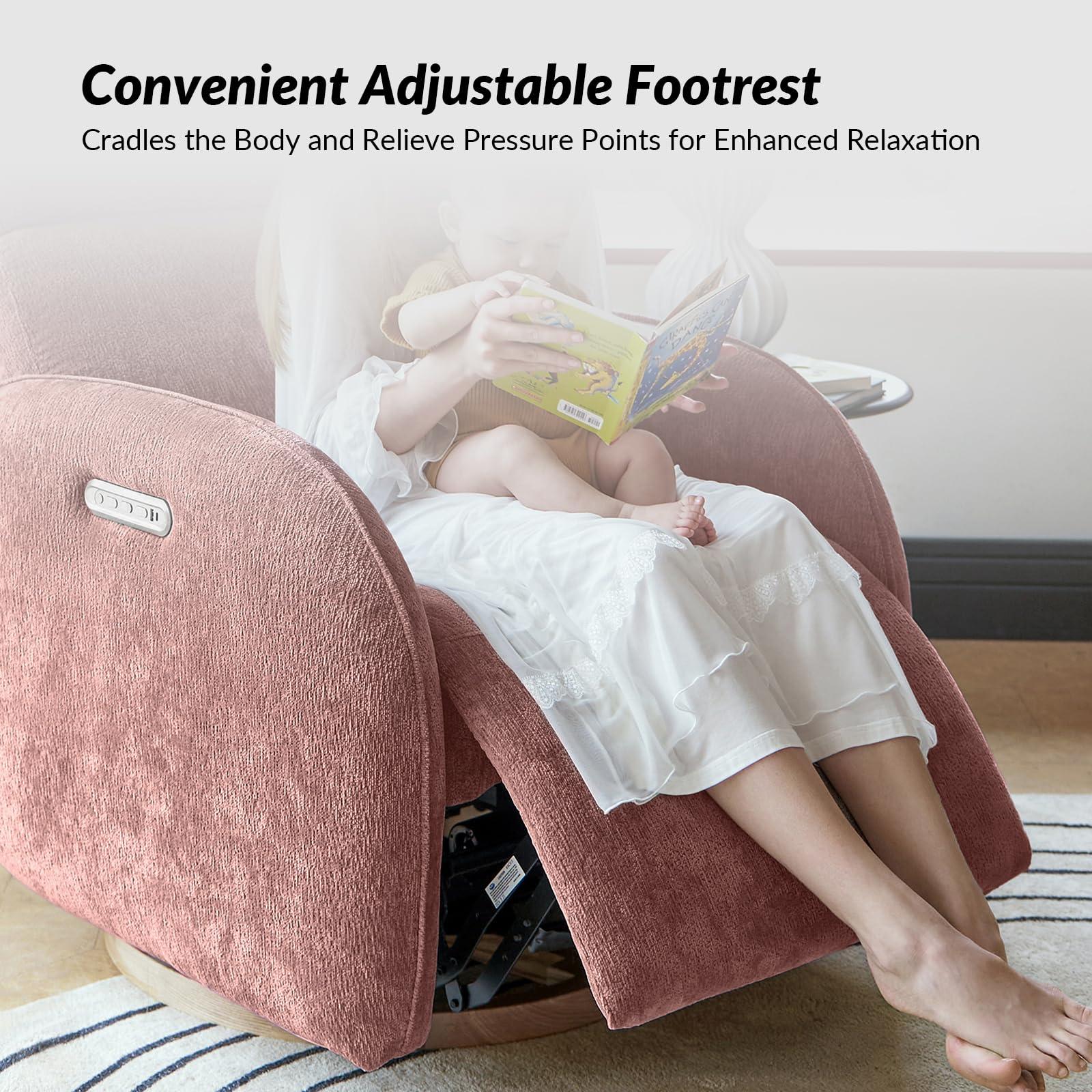 The support you need Premium Power Nursery Glider Recliner Chair with 240-degree Swivel Rocker Recliner and Adjustable Headrests, Modern Electric Recliner with USB Port and Nightlight for Nursing Room Bedroom, Pink