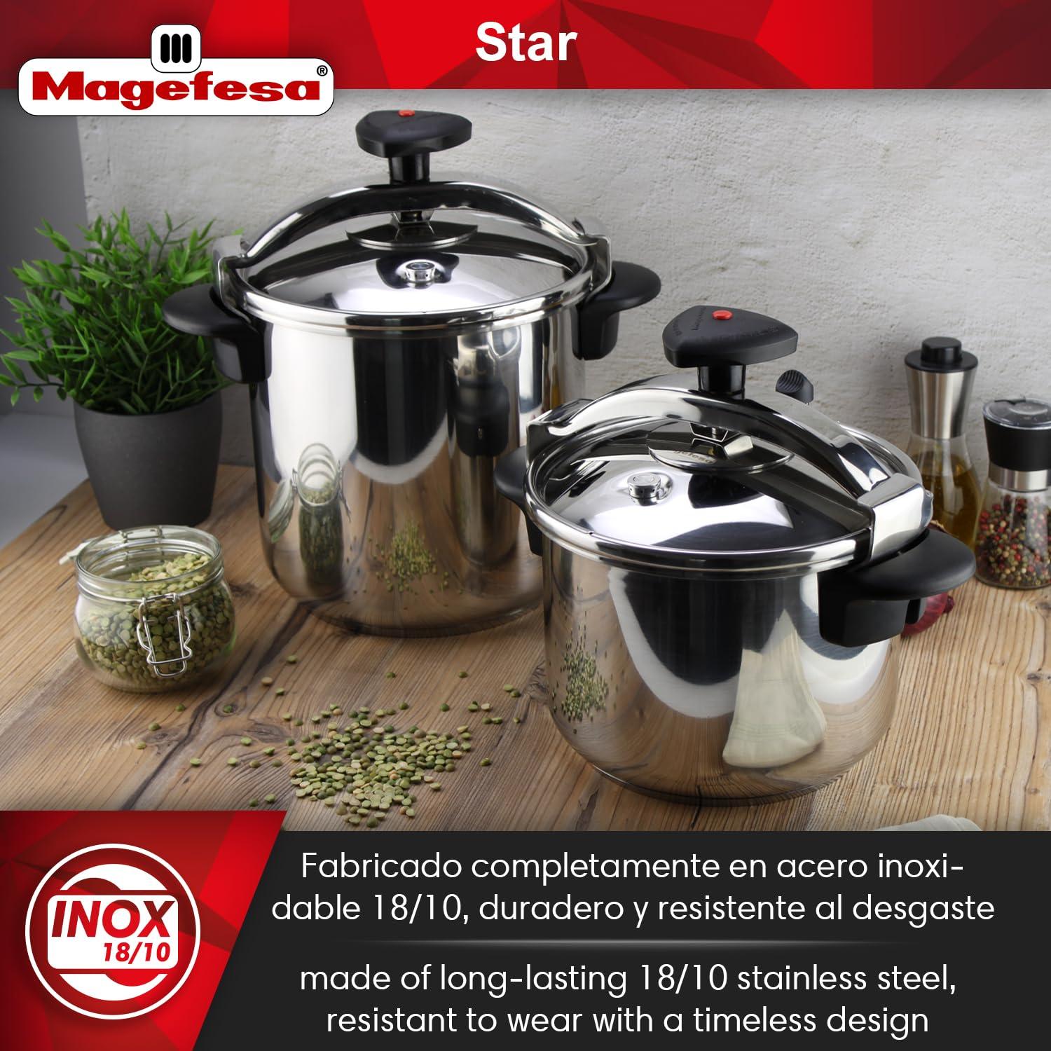 MAGEFESA MAGEFESA Star Pressure Cooker, 6.3-Quart, 18/10 Stainless Steel, Works on All Stovetops (Induction Compatible), Safety Lock & 8 PSI Cooking