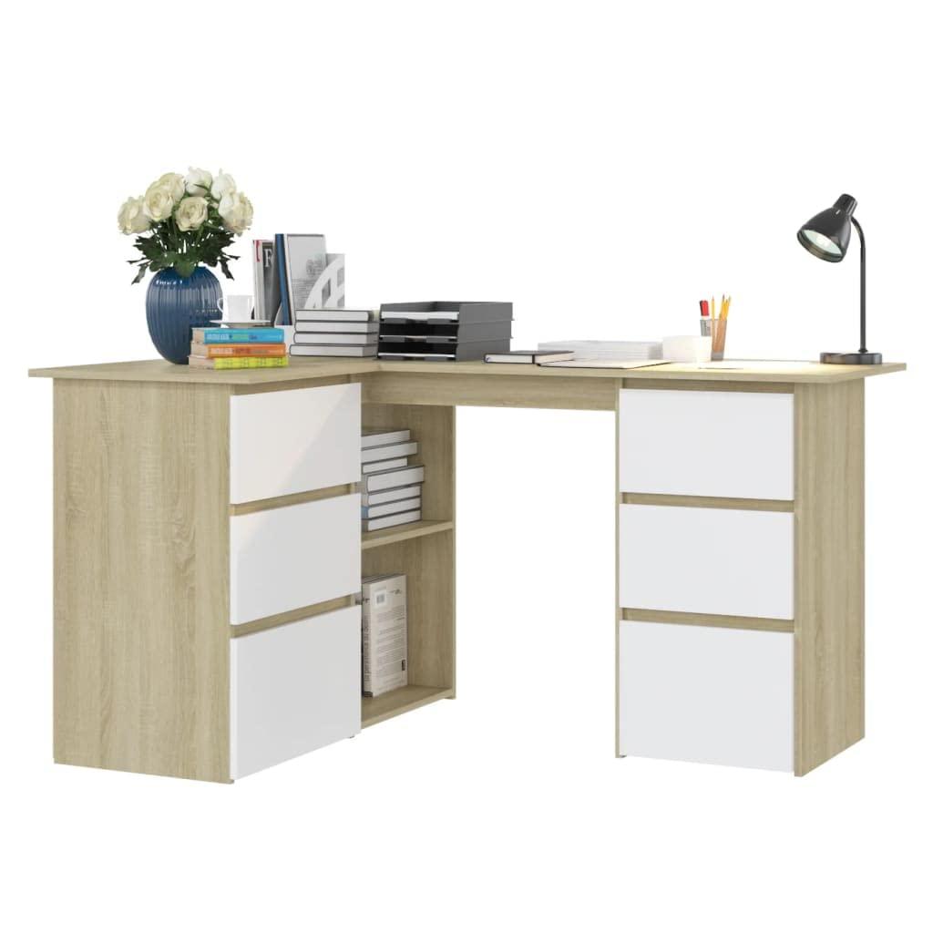 SKM SKM Corner Desk White and Sonoma Oak 57.1"x39.4"x29.9" Chipboard