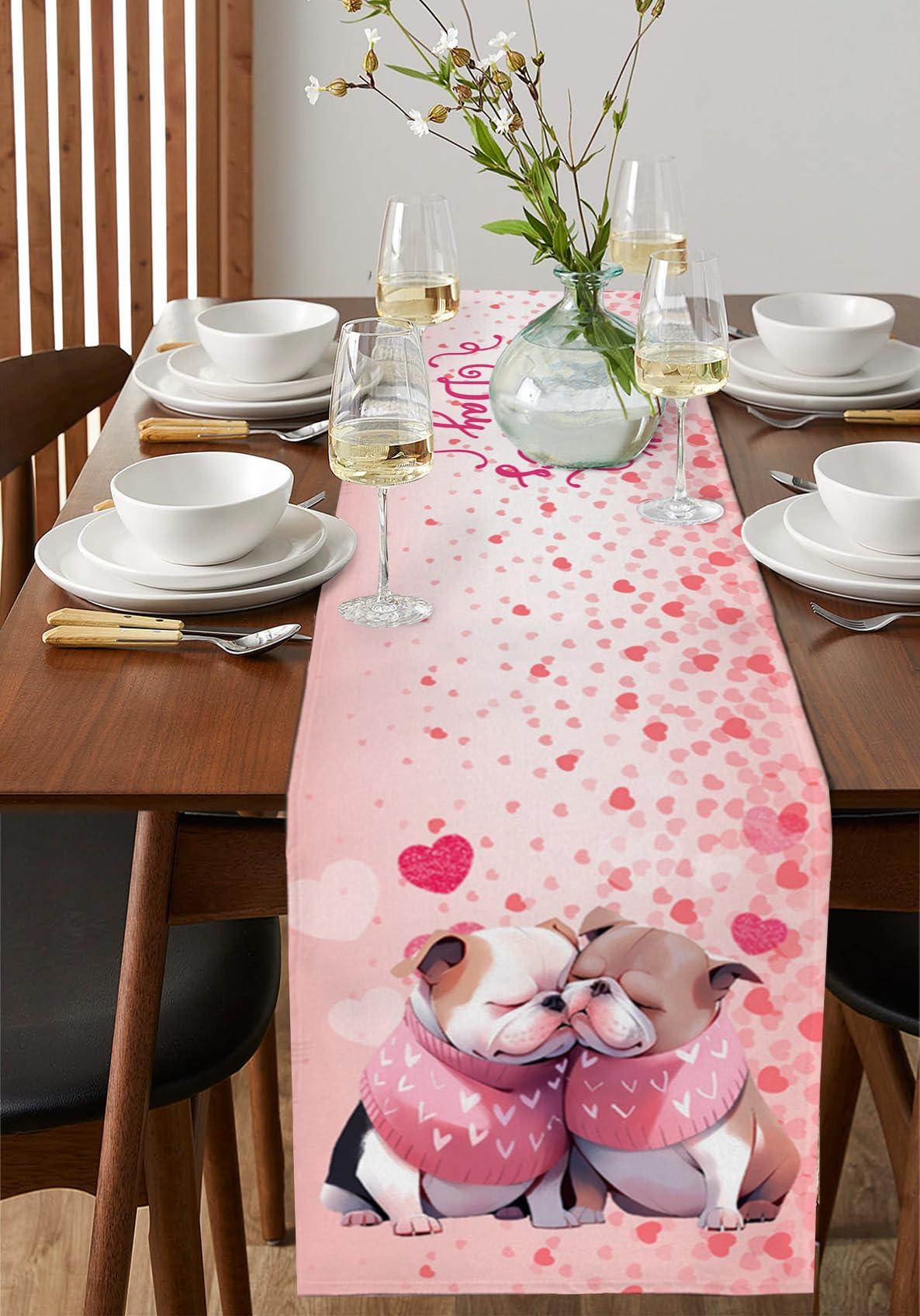 Falaniique Valentine\'s Day Table Runner 90 Inches Long, Cotton Linen Kitchen Dinner Table Runners, Burlap Tablerunner for Dresser/Dining/Party/Wedding, Romantic Dogs Sweet Heart Love Pink