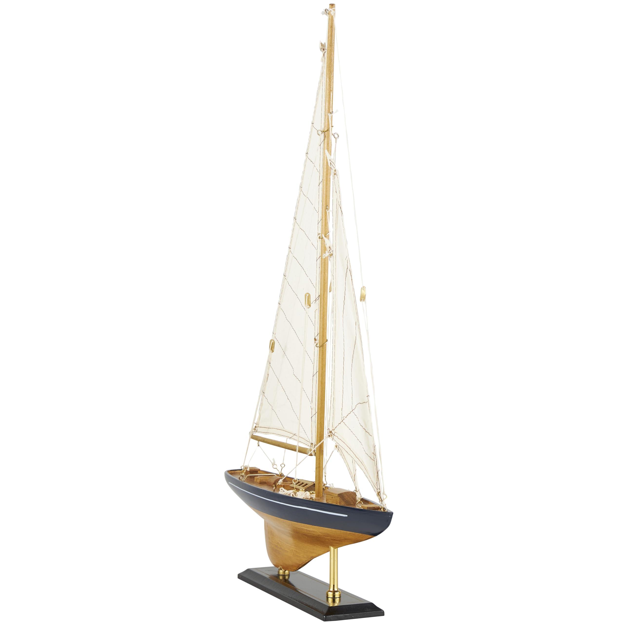Deco 79 Deco 79 Wood Sail Boat Decorative Sculpture Home Decor Statue with Beige and Navy Accents and Lifelike Rigging, Accent Figurine 17\" x 4\" x 21\", Brown