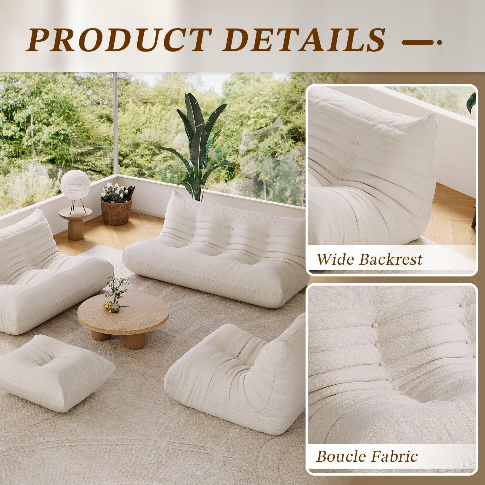 HomeLoft Basics Comfy Lazy Floor Sofa Couch,Teddy Velvet Sofa,Fireside Modern Floor Couch for Adults,3-Seater Lounge Foam Filled Chair with Chaise,Lazy Sofa for Living Room Bedroom Office,White