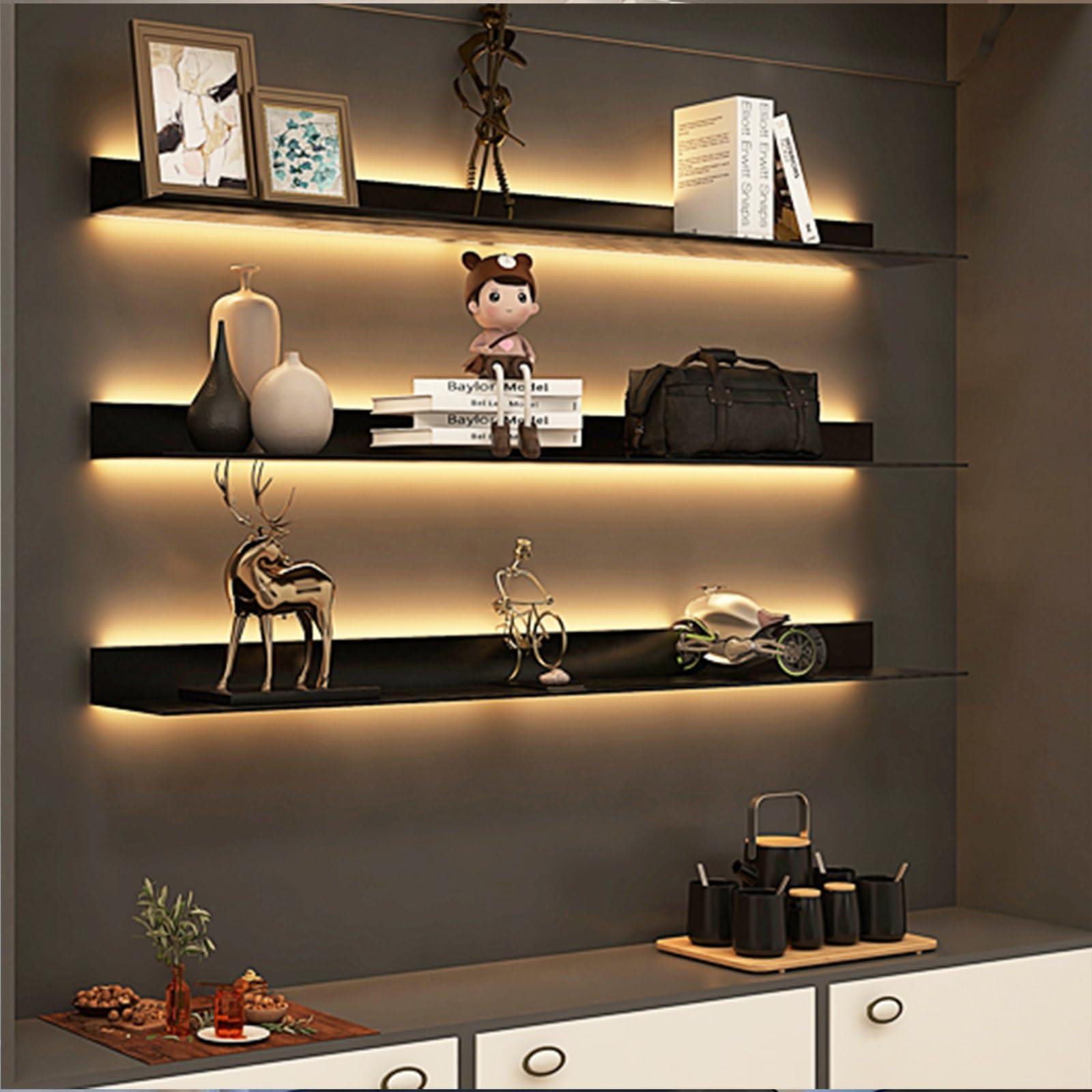 EMYJAY Wall Mounted Light-Emitting Shelves, Storage Shelf Floating Display Shelf LED Light Up Can Hold A Lot of Things Objects are Not Easy to Fall (Color : Black, Size : 60x23x7.5cm)