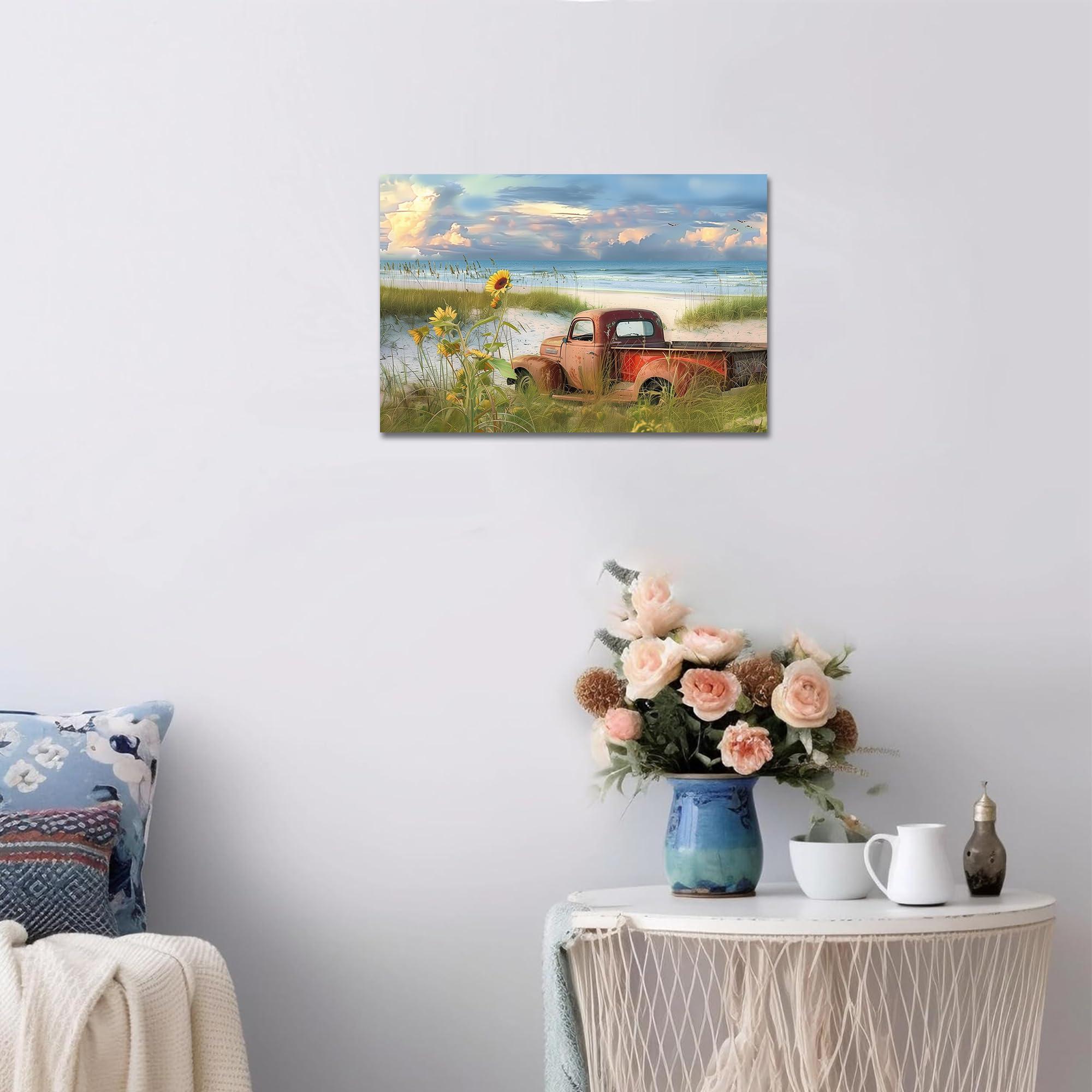 ANRUOXI ANRUOXI Coastal Wall Art Framed, Beach Wall Art for Living Room Wall Decor, Ocean Wall Art Old Truck on The Beach, Flower Truck Beach Pictures Wall Art for Bedroom Framed Ready To Hang 12x18\'\'