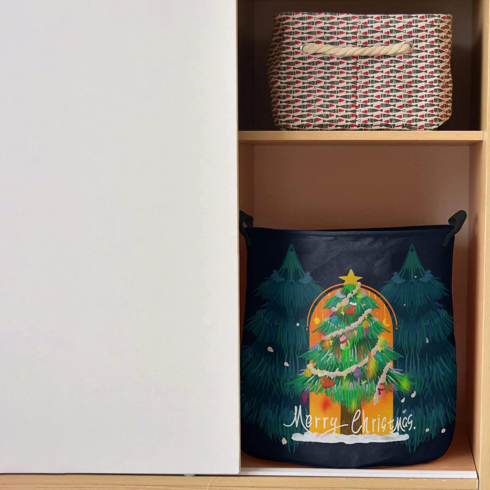 ZOE STORE Merry Christmas Large Laundry Basket, Waterproof Laundry Hamper for Baby Clothes, Green Xmas Tree Orange Lighting Black Foldable Laundry Baskets with Handles, 16.5\'\'x17\'\'