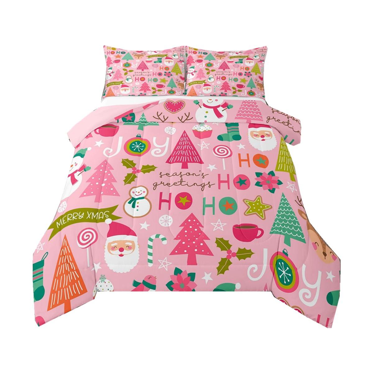 Erosebridal Erosebridal Pink Christmas Comforter Set + Rainbow Fitted Sheet, Full Size