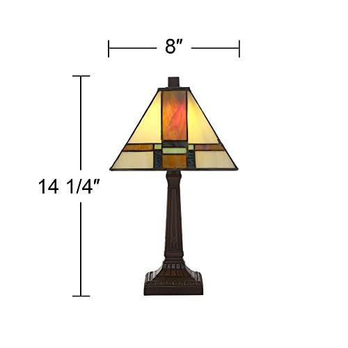 Robert Louis Tiffany Robert Louis Tiffany Morris Mission Antique Tiffany Style Mini Accent Table Lamp LED 14 1/4\" High Warm Brown Art Deco Stained Glass Shade Decor for Bedroom House Bedside Nightstand Home Office