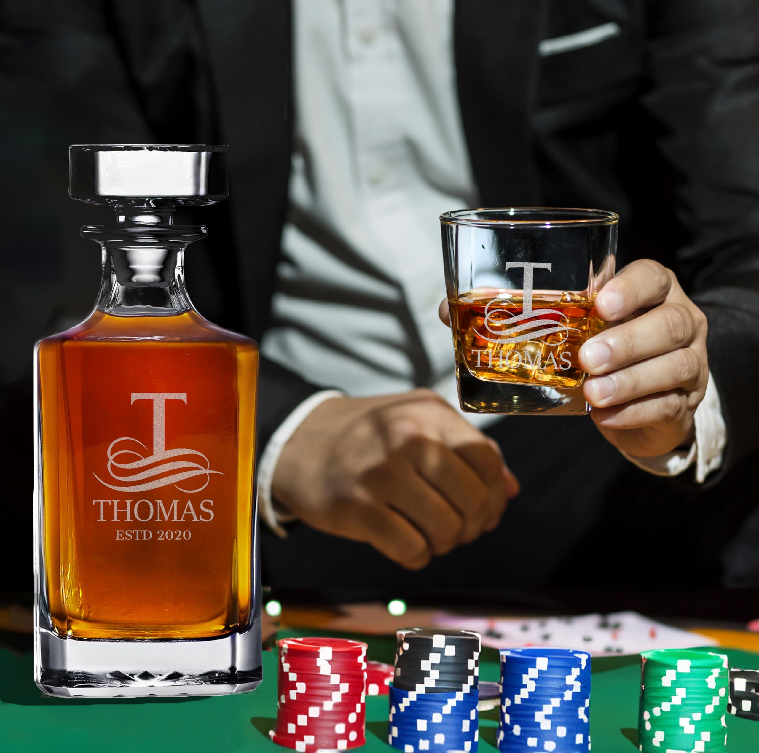 EZ CUSTOM GIFT Personalized Whiskey Decanter Set - Custom Liquor Decanter and 4 Glasses Gift Set - Engraved Whiskey Decanter Sets for Men, Anniversary Wedding Birthday Gifts for Father Husband (Design 7)