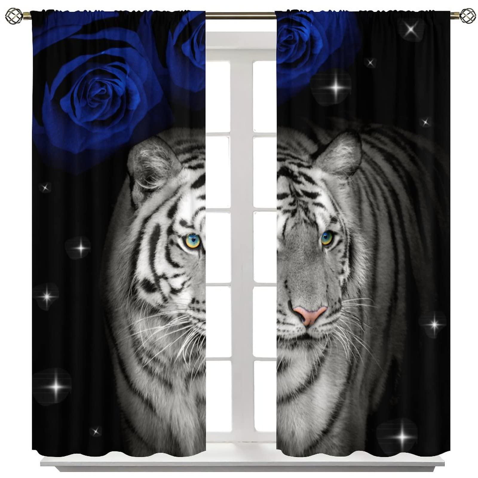 YCness Tiger Curtain for Bedroom, Blue Rose Leopard Kid Curtains Africa Wildlife Animal Theme Window Treatment, White Tiger Flower Drapes 2 Panel Sets,84x84 Inch