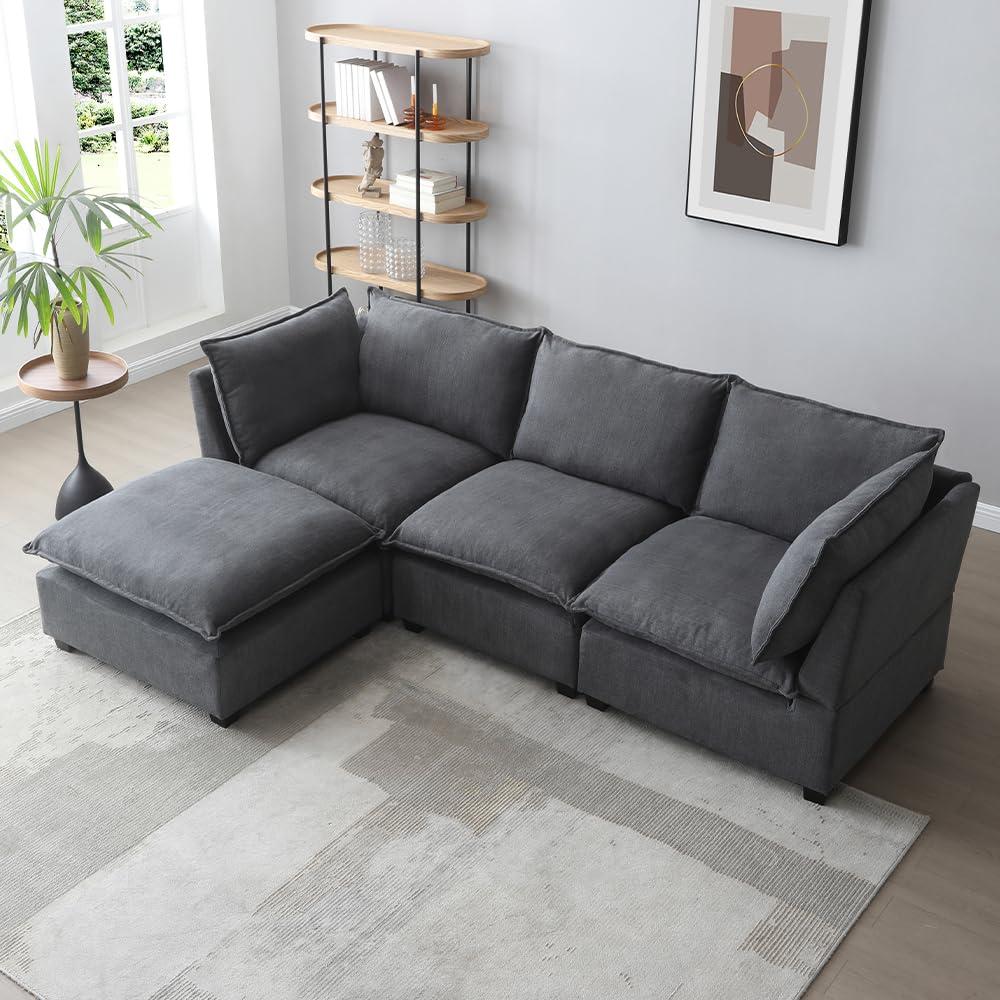 LyuHome 99.3" Modular Sectional Sofa Couch for Living Room, Modern 5-Seat Linen Fabric Sofa Couch Set with Convertible Ottoman,L-Shape Sofa Freely Combinable Sofa for Home Apartment Office, 2 Pillows, Grey