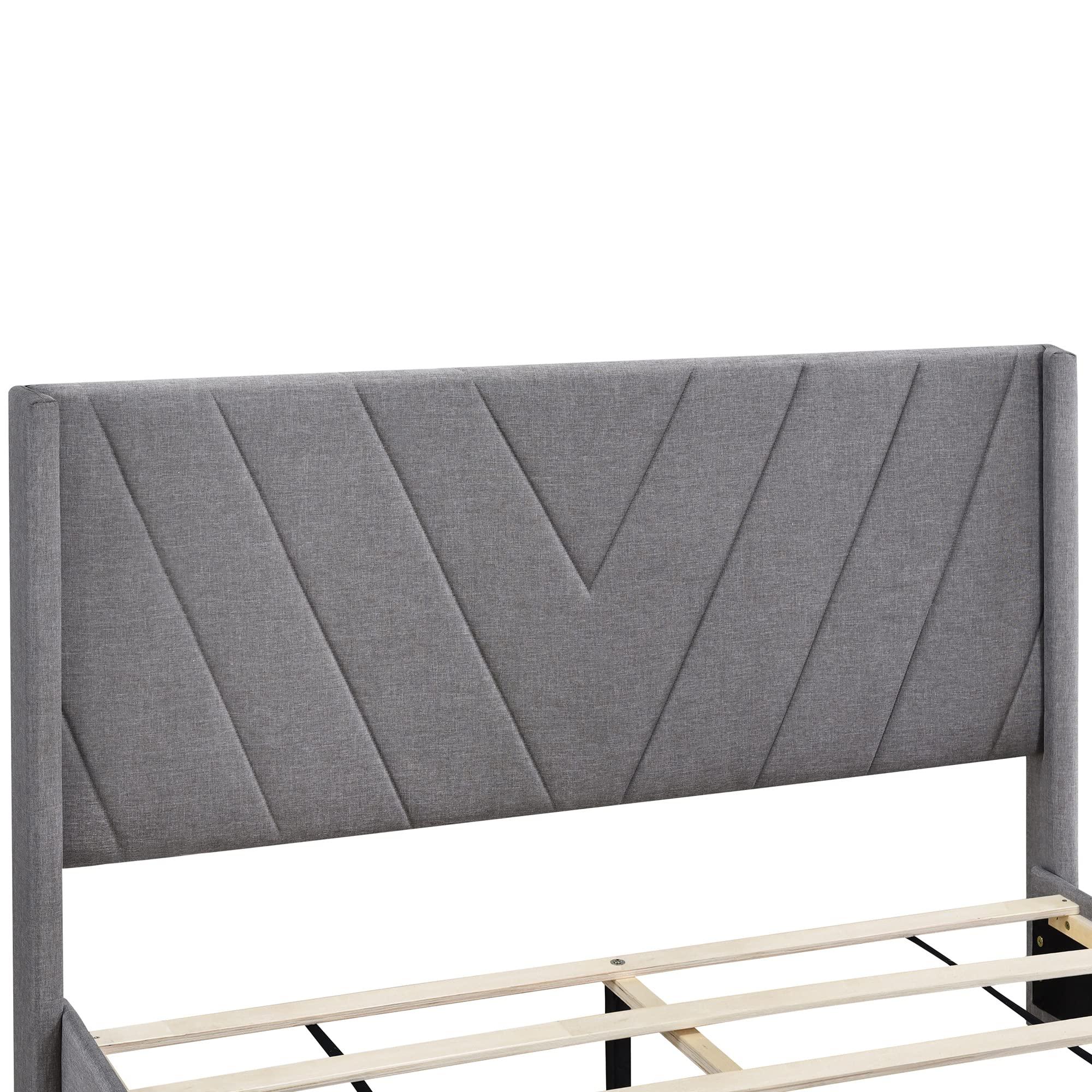 HOHOBD Linen Upholstered Platform Bed with 3 Drawers, Wooden Storage Bed Frame with Headboard for Bedroom (Grey, Queen (U.S. Standard))