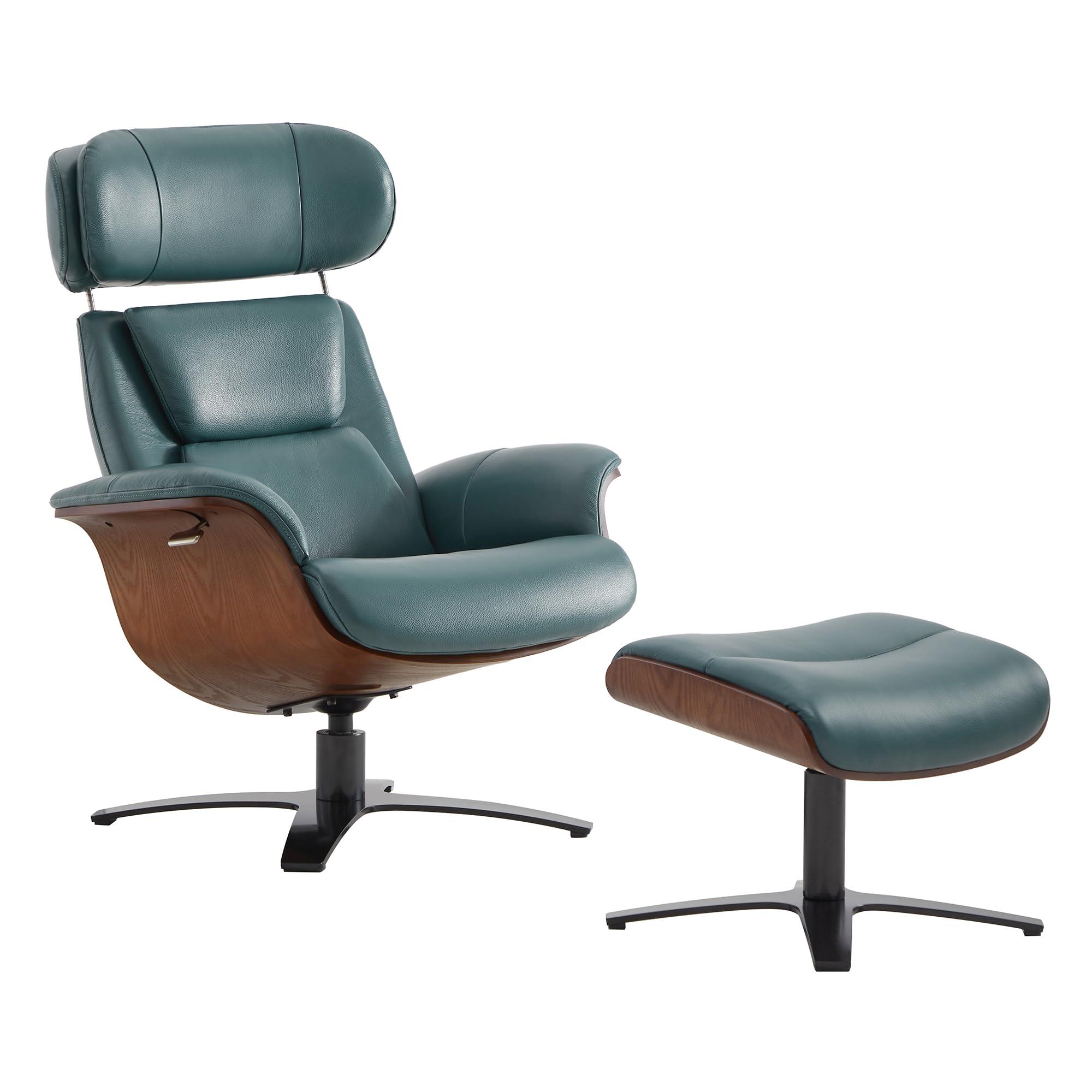 CHITA CHITA Genuine Leather Reclining Swivel Chair with Adjustable Headrest and Ottoman for Living Room, Teal
