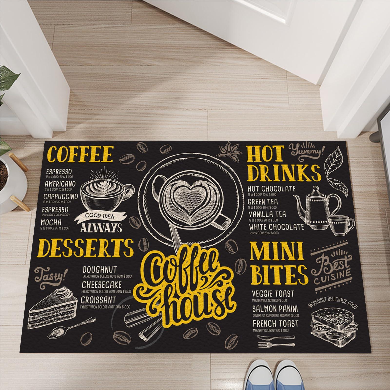 MiZuH Coffee House Area Rug, 3x6 Entry Rug Non-Slip Washable Indoor Door Mat, Stain Resistant Waterproof PU Leather Rug for Bedroom Kitchen Entryway Bathroom (Black/Gold)