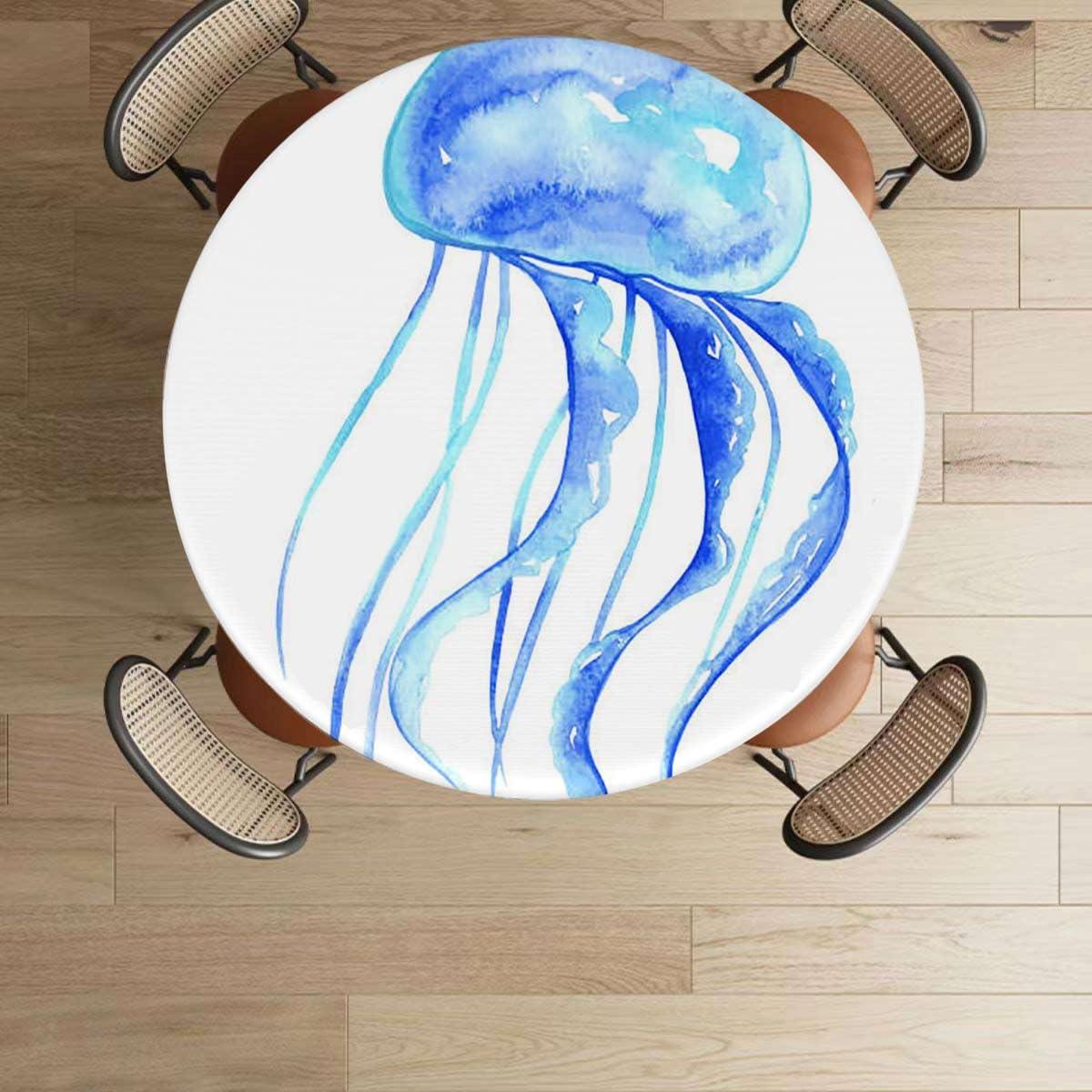 OOzie Blue Tablecloth Toppers for Round Tables Jellyfish Exotic Sea Ocean Animals Watercolor Soft-Touch Fitted Table Cloth, Waterproof Oil-Proof Table Cover Nautical Fits up 40\"-44\" Diameter Tables