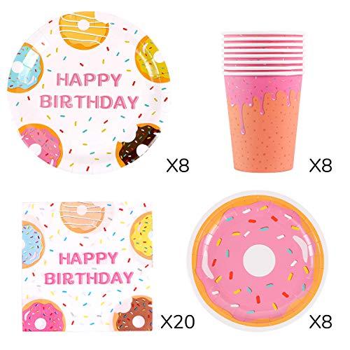 JOLLYSTYLE 44PCS Donut Party Supplies Set - Donut Food Theme Party/Tea/Doughnut Baby Shower/Birthday Party Decorations Favors Plates Cups Napkins