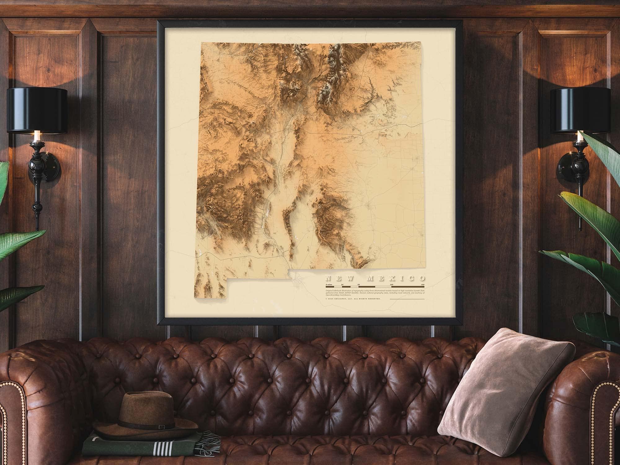 GEOJANGO GeoJango Maps, New Mexico State Physical Map; Topo Topographical Elevation Shaded Relief Framed Picture, 24x24 inch map (Antique)