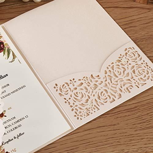 KUCHYNEE KUCHYNEE 5.1x7.1 Inch 20PCS Blush Pink Blank Wedding Invitation Kits Laser Cut Hollow Rose Pocket Wedding Invitations with Envelopes For Wedding Quincenera Engagement Invite