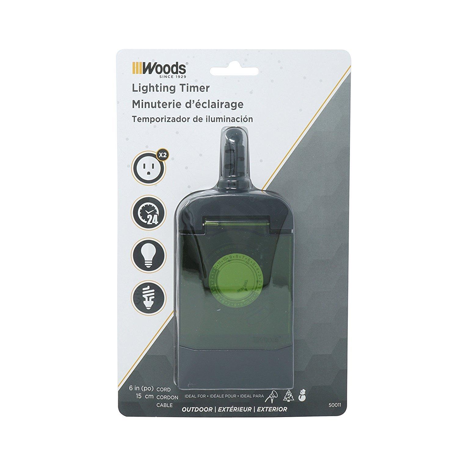 WOODS Woods 50011 Outdoor 24-Hour Plug-in Mechanical Timer with 2 Grounded Outlets Energy Saving Quick Tool Free Weatherproof Housing Programmable Settings, 6-Inch Cord, Black