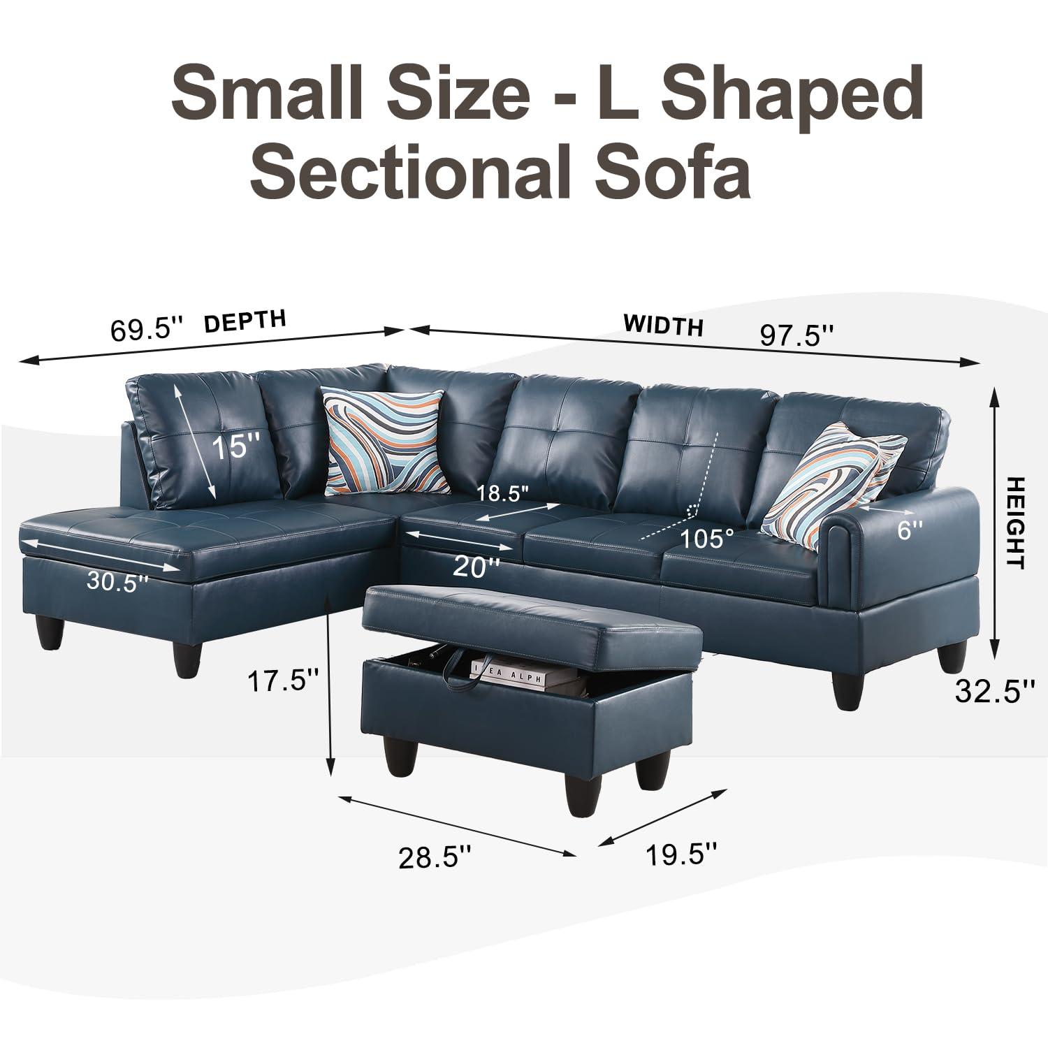 Ocstta Sectional Sofa Set Faux Leather Couch, L Shape Couch for Living Room, Sectional Couch Living Room Furniture Set with Ottoman (Left Hand Facing, Denim)