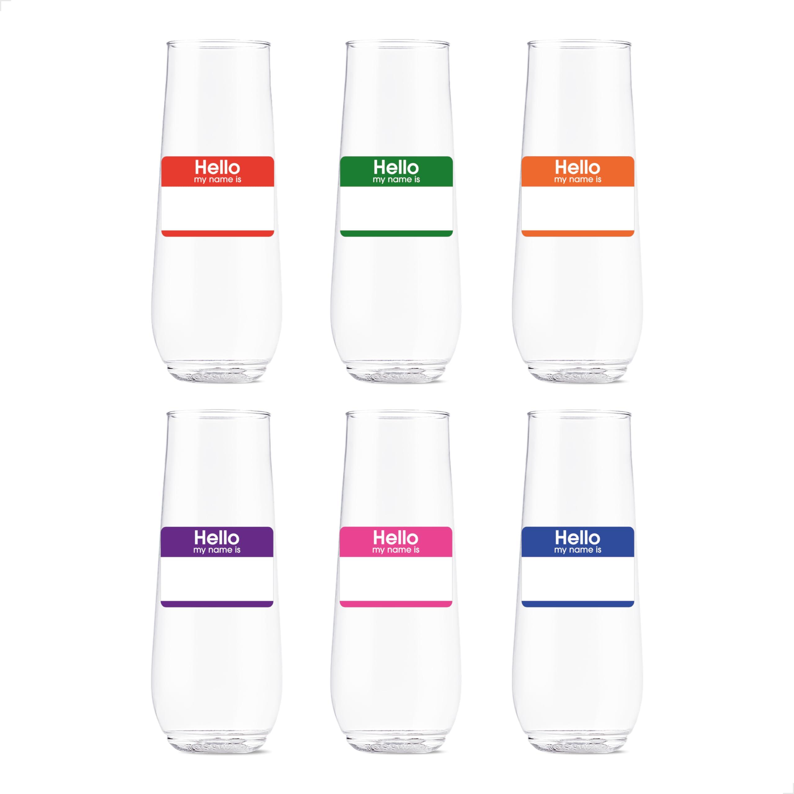TOSSWARE TOSSWARE POP 9oz Flute Hello, My Name Is Series, SET OF 6, Premium Quality, Recyclable, Unbreakable & Crystal Clear Plastic Printed Glasses