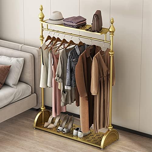 MAIKAILUN Clothing Rack Gold, Industrial Clothes Rack for hanging Clothes with Double Shelves Freestanding Multi-functional Heavy Duty Garment Rack, Metal Movable Portable Coat Rack for Organizing Clothes Shoes
