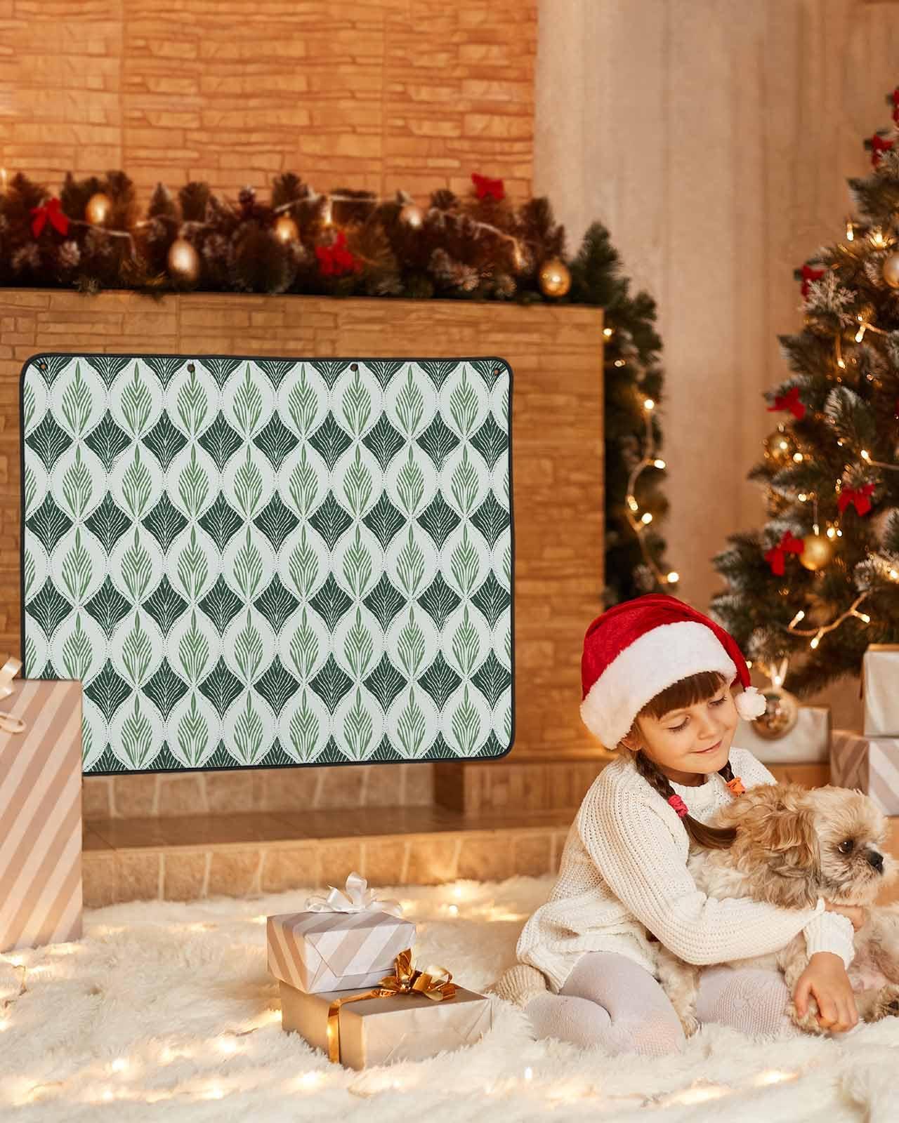 Onekaccu Teal Gray Fireplace Cover Decorative, Magnetic Fireplace Cover Indoor Fireplace Blanket Insulation Fireplace Draft Stopper Save Energy Abstract Geometric Leaves Modern Art 51\" Wx39 H