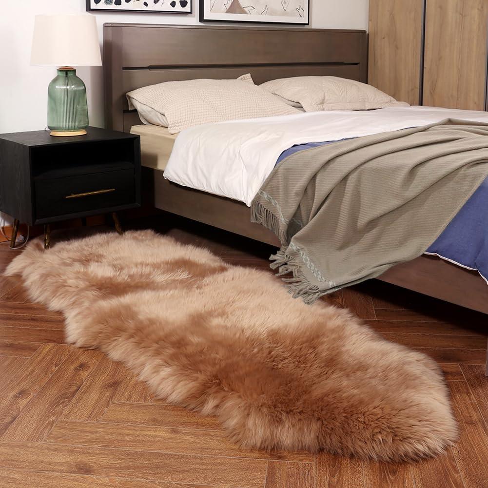 IRIWOOL IRIWOOL Premium Genuine Fur Sheepskin Rug Real Australia Sheepskin Natural Luxury Fluffy Lambskin Fur Area Rug Seat Covers for Kids Bedroom Sofa Chair Cover (Light Brown, Double Pelt/2ft x 6ft)