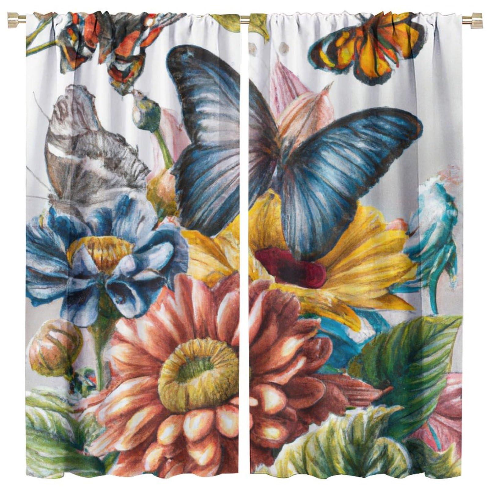 dongbunishangmao Butterfly Curtains Magic Spring Forest Blooming Flowers Butterfly Print Window Drapes for Bedroom Living Room Rod Pocket Blackout Curtains 2 Panels 21x45in, Style-2