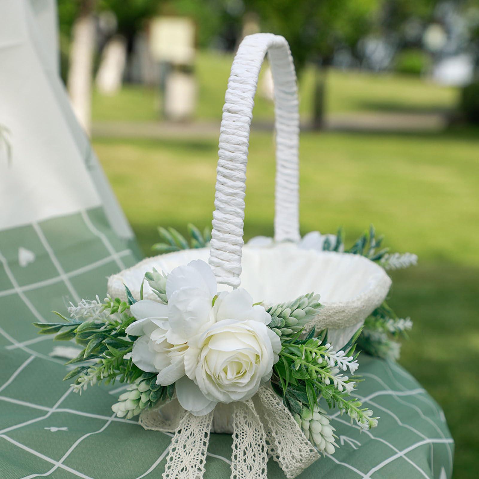 MEUMITY MEUMITY 2Pcs Flower Girl Basket Handmade Rattan Basket with Handle Flower Girl Baskets for Weddings Foldable Handle and Artificial Stain Flower Basket for Wedding Ceremony Party Decoration