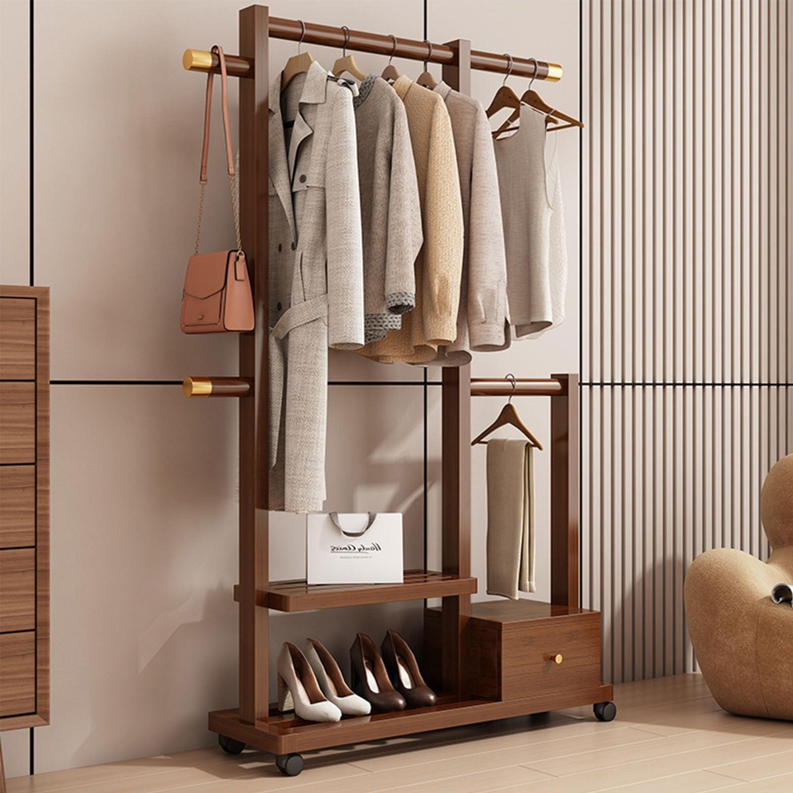 Diodceraic Clothes Organizer Stand On Wheels,entryway Coat Rack With Storage,Garment Racks For Hanging Clothes,bamboo Rolling Garment Rack,Multifunction Entry-way Coat Racks Stand For Bedroom Entryway(Color:Brow