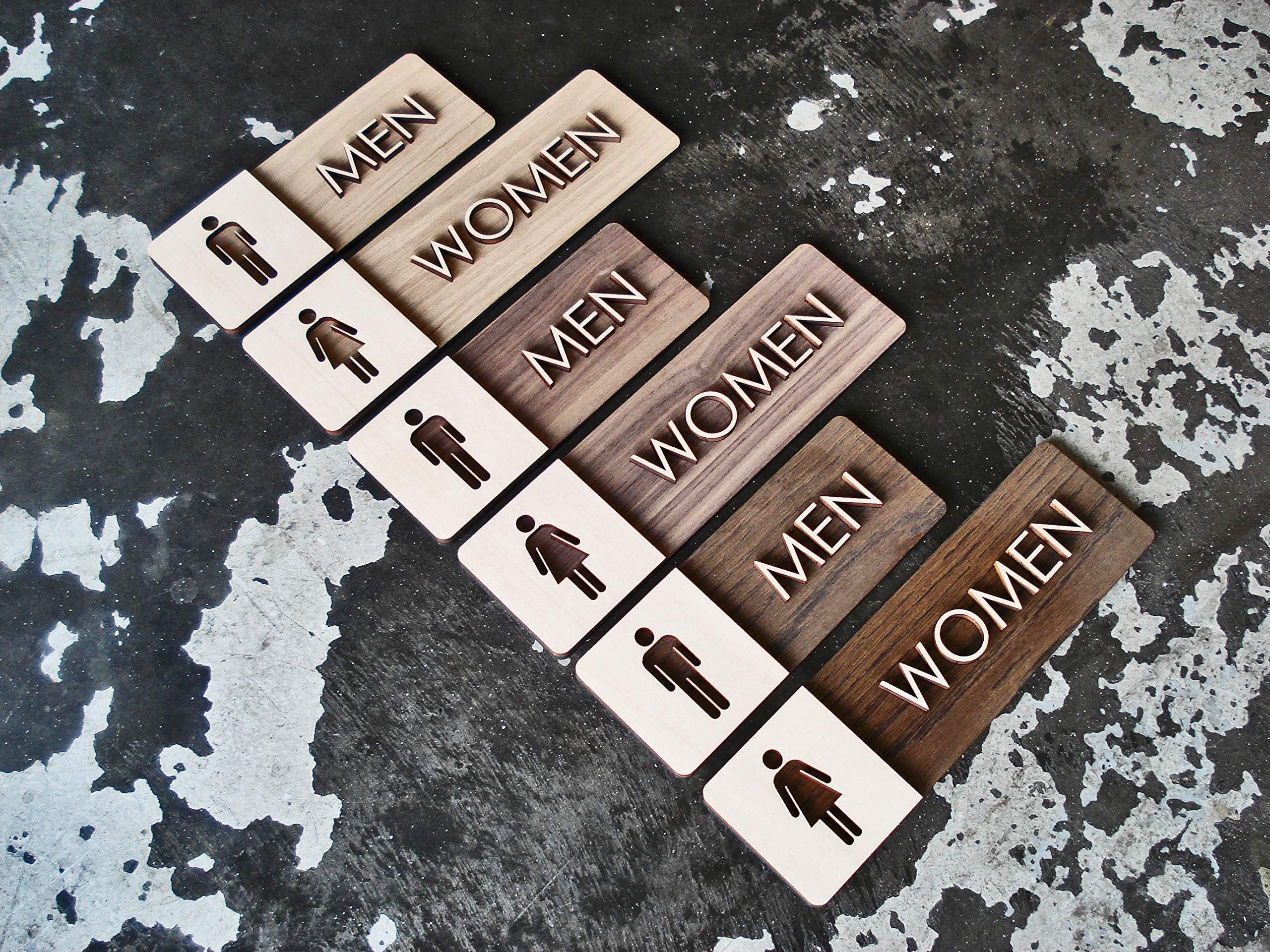 Gray Skunk Men & Women Restroom Sign Set - Modern Wood Bathroom Signage - Male & Female Set (India Walnut, without Braille)