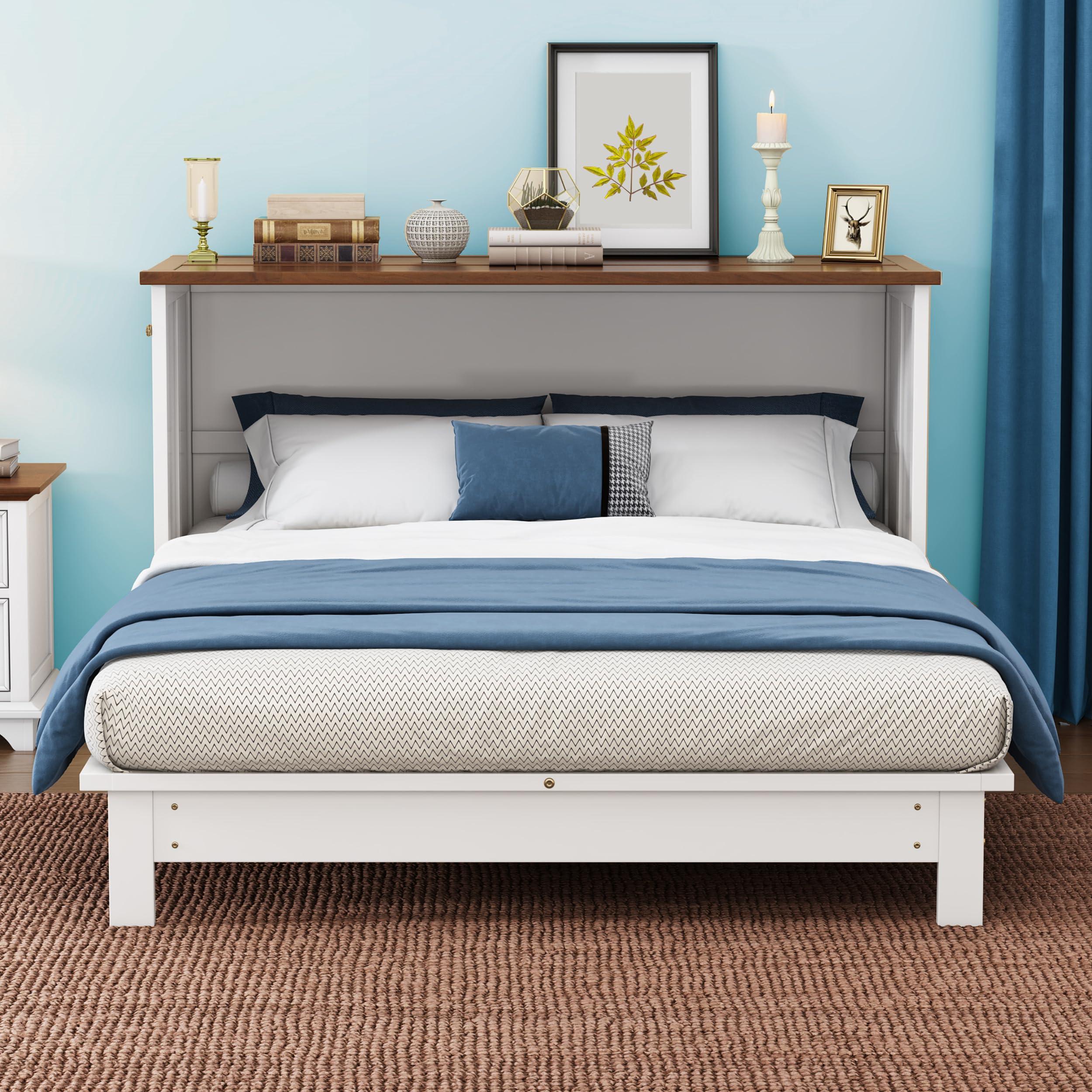 Harper & Bright Designs Harper & Bright Designs Full Size Murphy Bed, Wooden Full Murphy Bed Frame with Charging Station and Large Storage Drawer for Home Office/Small Room, White+Walnut