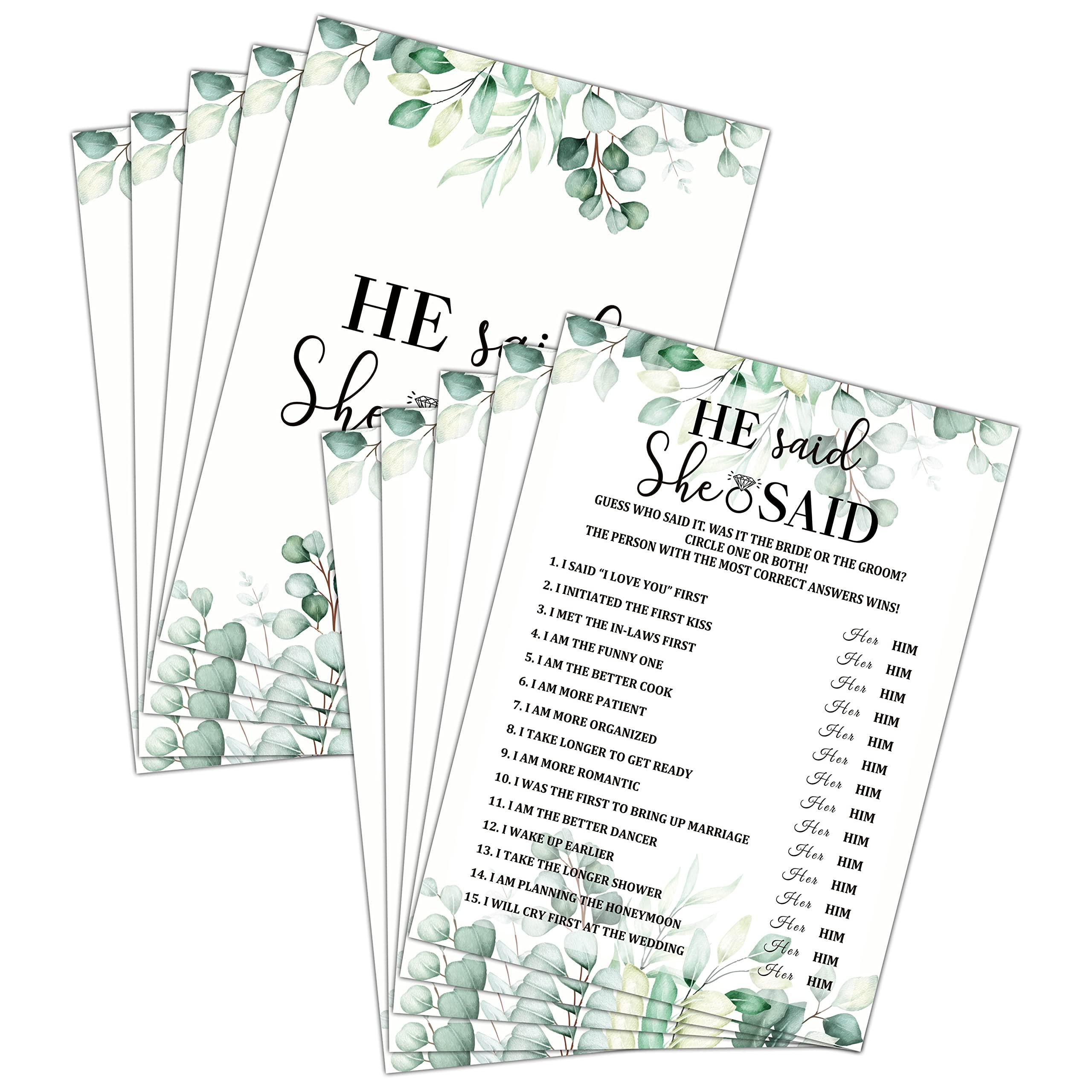 Gihyan Bridal Shower Game Set - He Said She Said Party Cards for Wedding - Greenery Wedding Party Favor Decor - Tropical Jungle Engagement/Bachelorette Party Games Supplies & Activities - 30 Game Cards(B01)