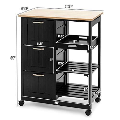 LHONE LHONE Rolling Kitchen Island Cart 3-Tier Industrial Wood Trolley Serving Cart Storage Cabinet Utility Cart on Wheels & Three Storage Drawers (Black)