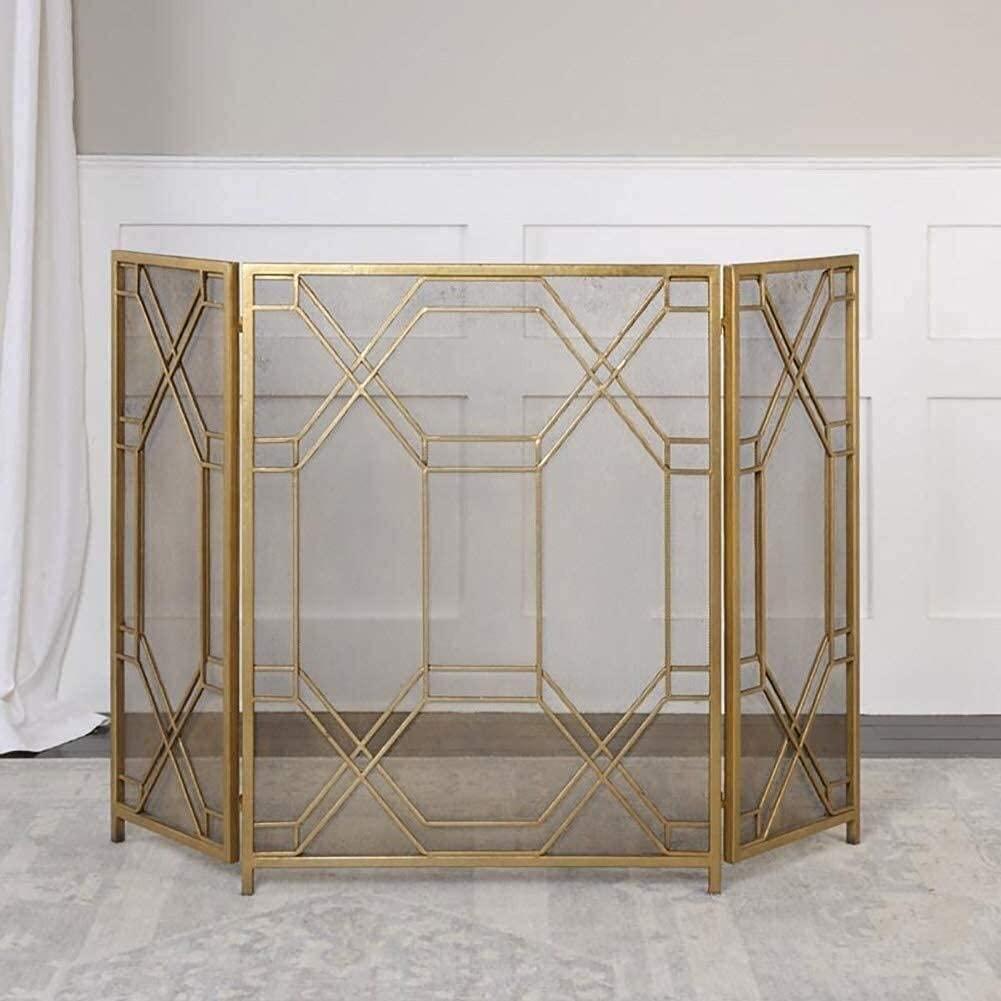 RsFiL RsFiL Fireplace Screen 3 Panel Fire Screen Spark Guard Foldable, Gold Large for Open Fire/Gas Fires/Log Wood Burner Spark Guard Cover Feito na China