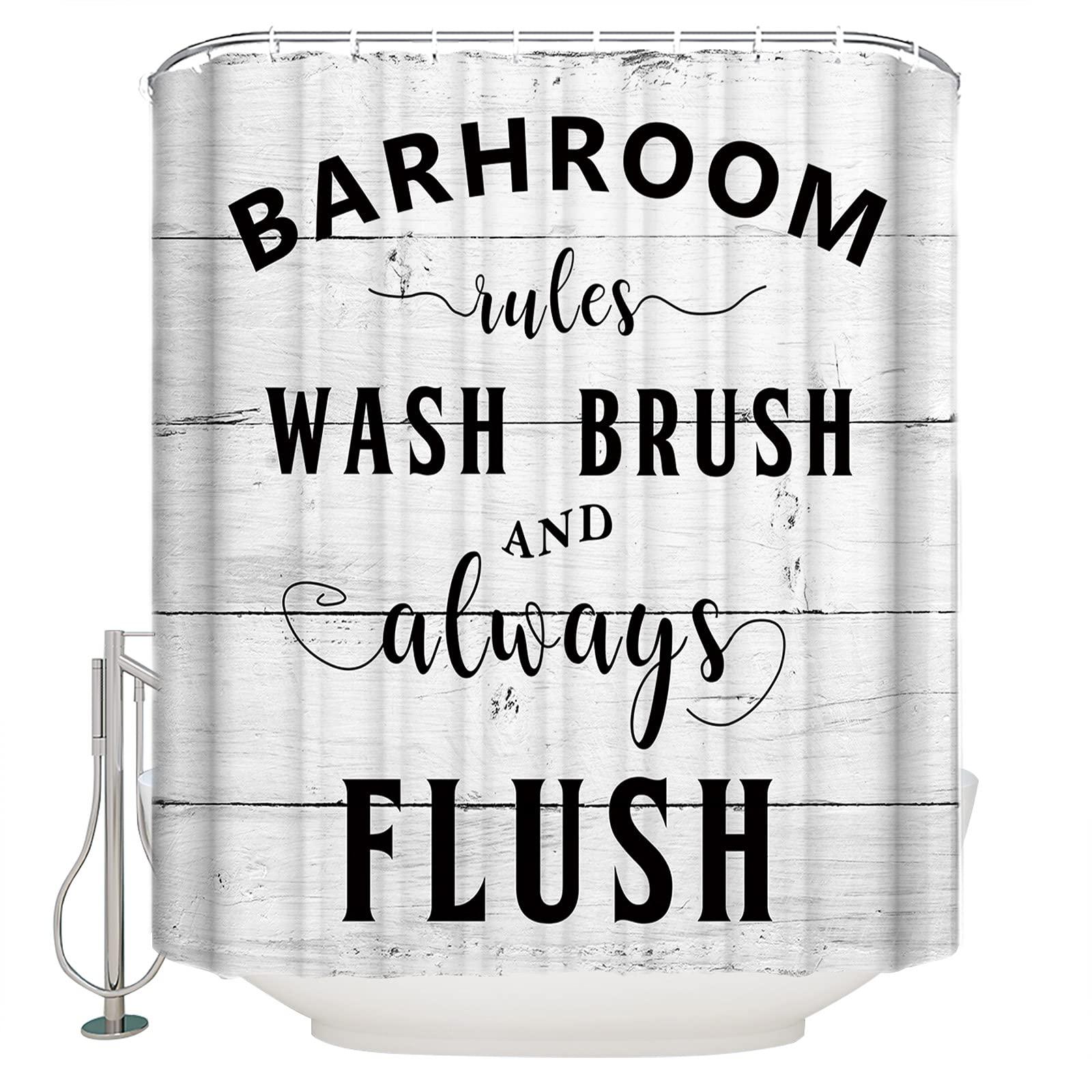 Pinroote Pinroote Bathroom Rules Shower Curtain, Stall Shower Curtains for Bathroom/Bathtub, Farmhouse Wooden Grain Striepd White Waterproof Fabric Shower Curtain Set with 12 Hooks, 60\" x 72\"