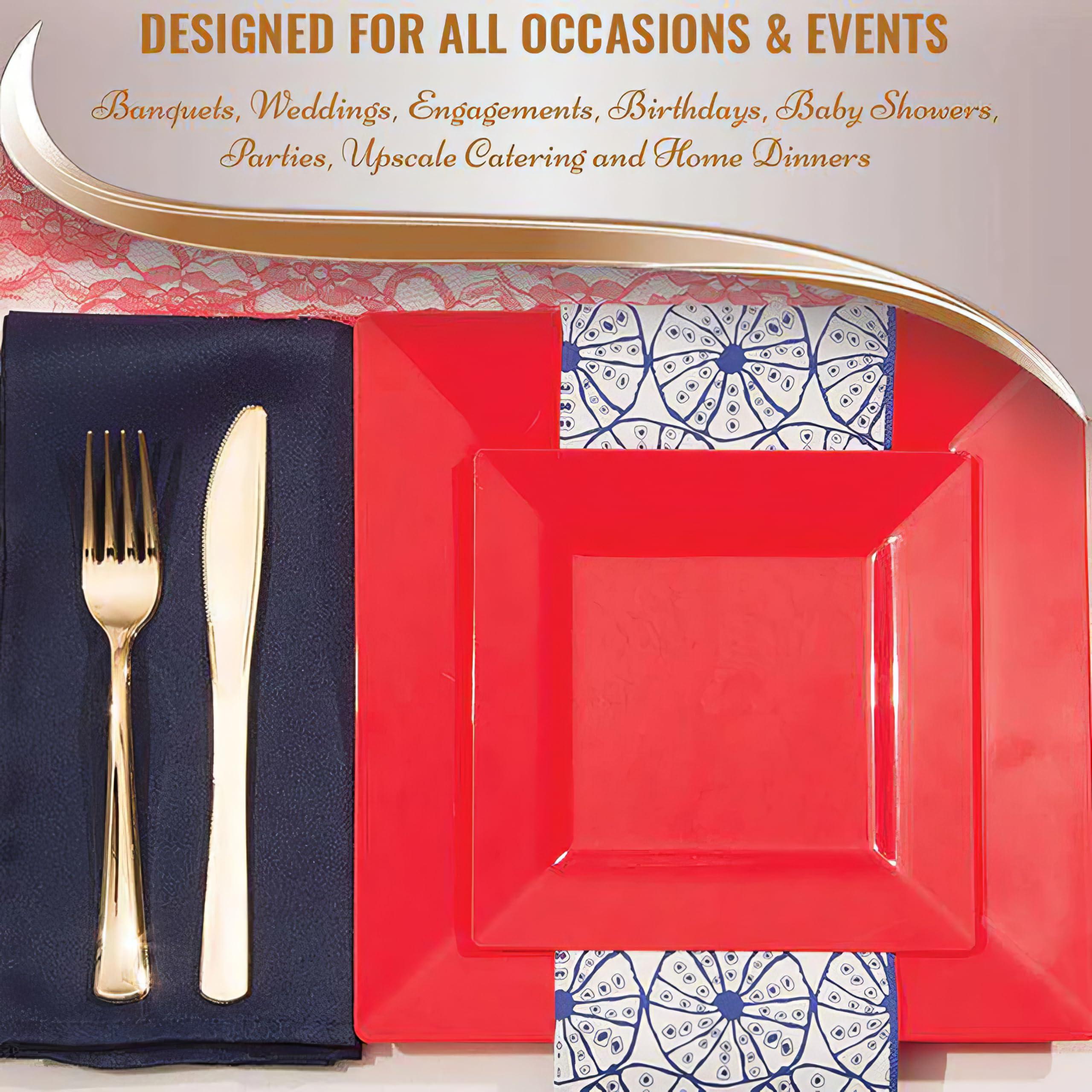 Kaya Kaya Elegant Red Square Dinner Plates - 9.5\" (Pack of 10) - Perfect for Weddings, Birthday Parties, Festivals & More