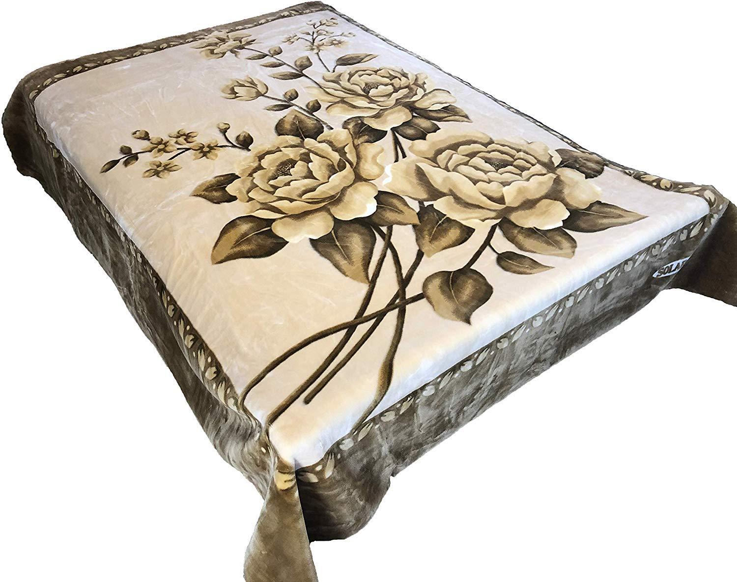 SOLARON SOLARON Original Heavy Mink Plush Korean Durable Blanket (Brown Flowers, Queen)