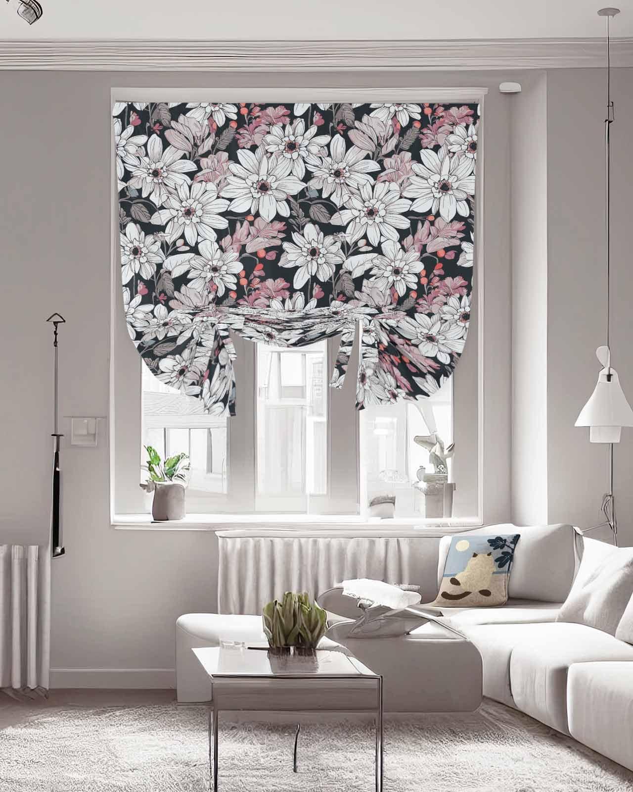 Anzona Anzona Kitchen Tie Up Curtains for Windows, Red White Spring Floral Adjustable Balloon Nature Linen Textured Curtain, Summer Botanical Classic Black Insulated Shades for Window Treatments, 42" x 54"