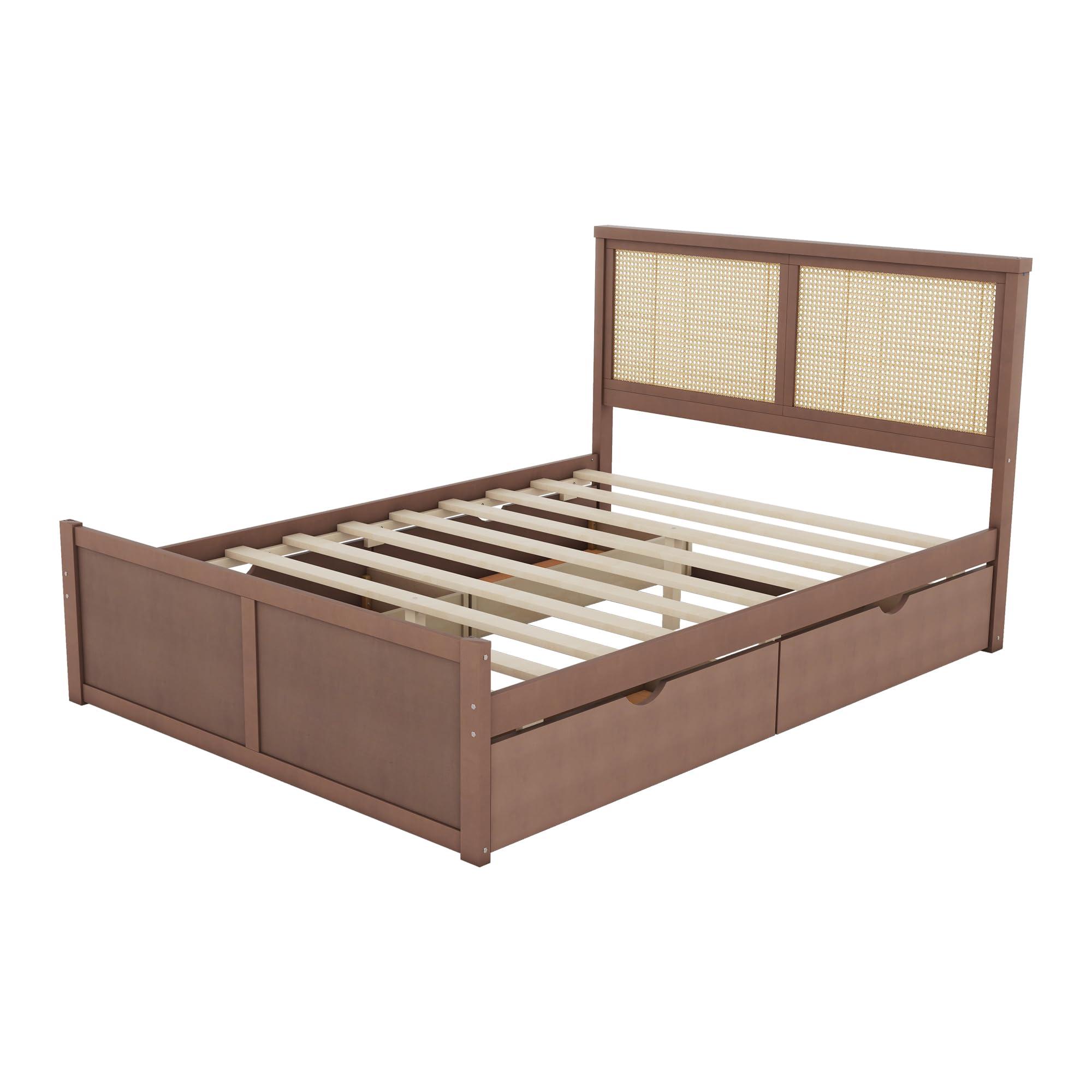RuiSiSi RuiSiSi Queen Size Wooden Bed Frame with 4 Storage Drawers, Platform Bed with Rattan Headboard, for Bedroom, Espresso