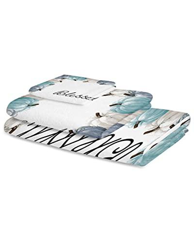 ZOE GARDEN Fall Pumpkins Bathroom Towel Set,Microfiber Bath Kitchen Beach Hand Dish Towels Set,Quick Dry Luxury Soft Decorative Towels+Set Clearance Bulk Decor(3-PC) Teal Blue White Autumn Thanksgiving Day