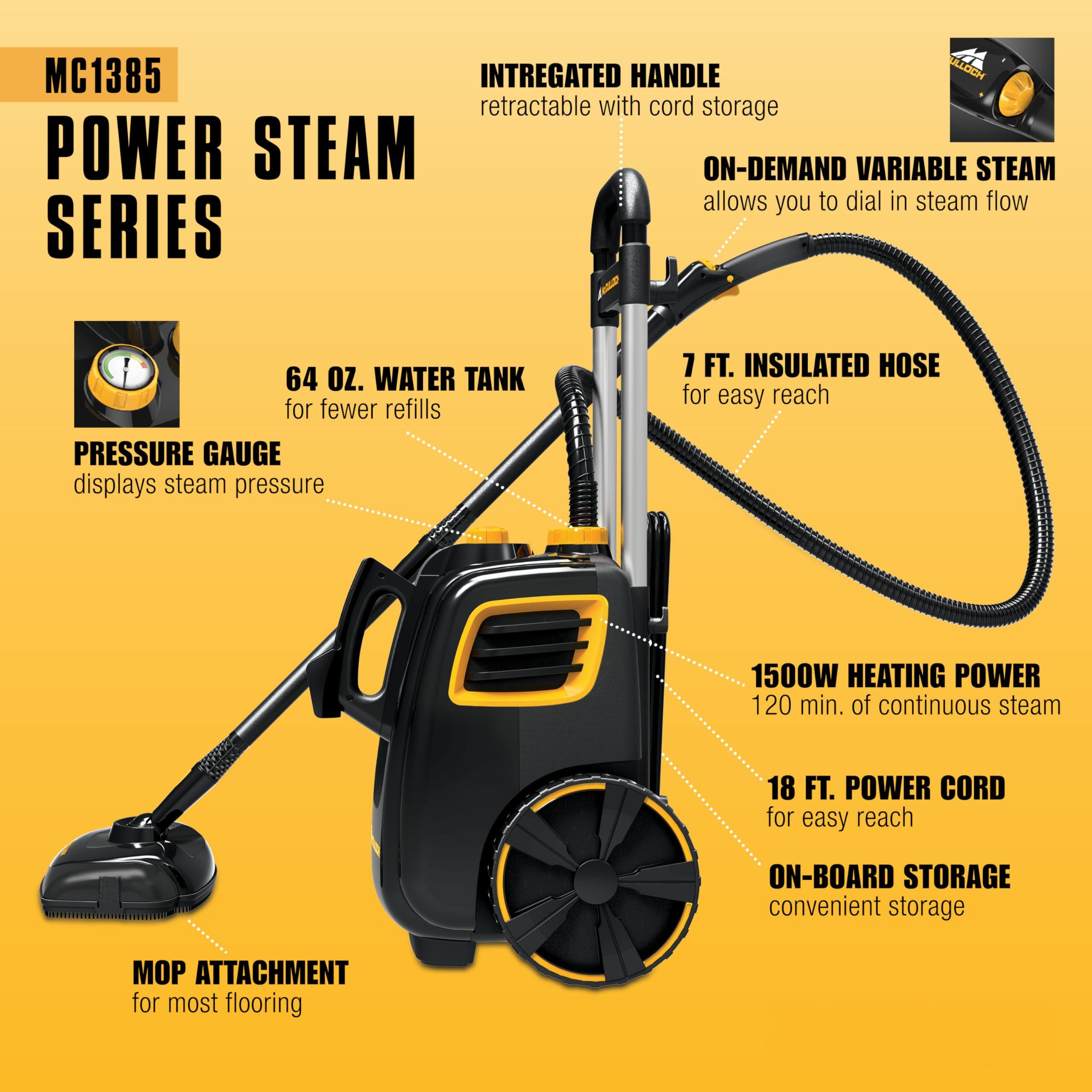 McCULLOCH McCulloch MC1385 Deluxe Canister Steam Cleaner with 23 Accessories, Chemical-Free Pressurized Cleaning for Most Floors, Counters, Appliances, Windows, Autos, and More, 1-(Pack), Black