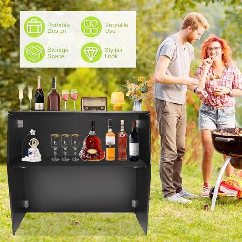 Akynjtbca Akynjtbca Bar Table Cabinet 42\" Tall Portable Event Bar, Farmhouse Coffee Bar Cabinet with Top and Middle Shelves, Foldable Bartender Station for Home&Parties (Black + Black Aluminum Cladding)