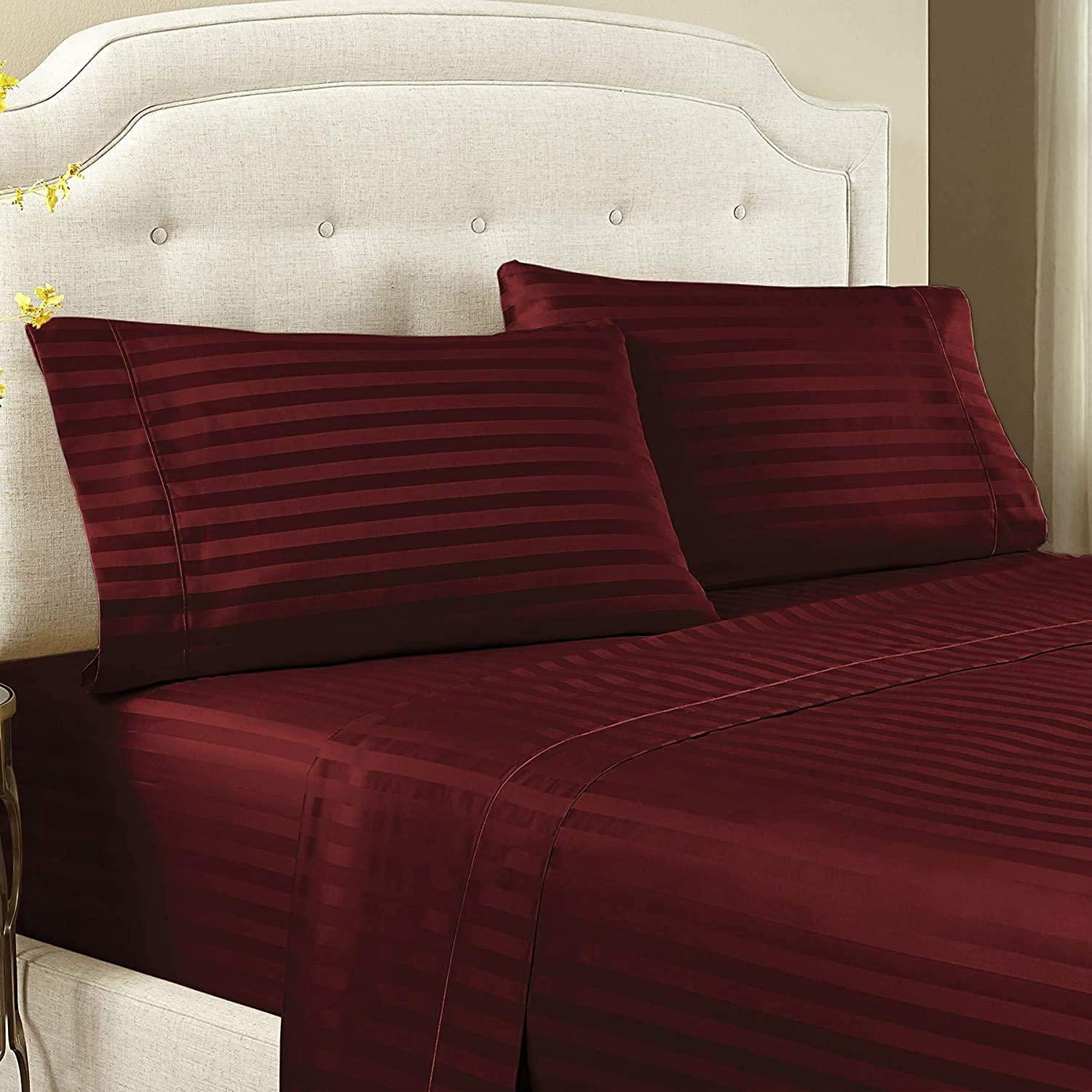 Sheets N More 600 Thread Count 100% Egyptian Cotton Bed Sheet, 4-PC Full XXL Wine Stripe Sheet Set Single Ply Long Staple Egyptian Cotton, Sateen Weave, Fits Mattress Upto 12\" Deep Pocket