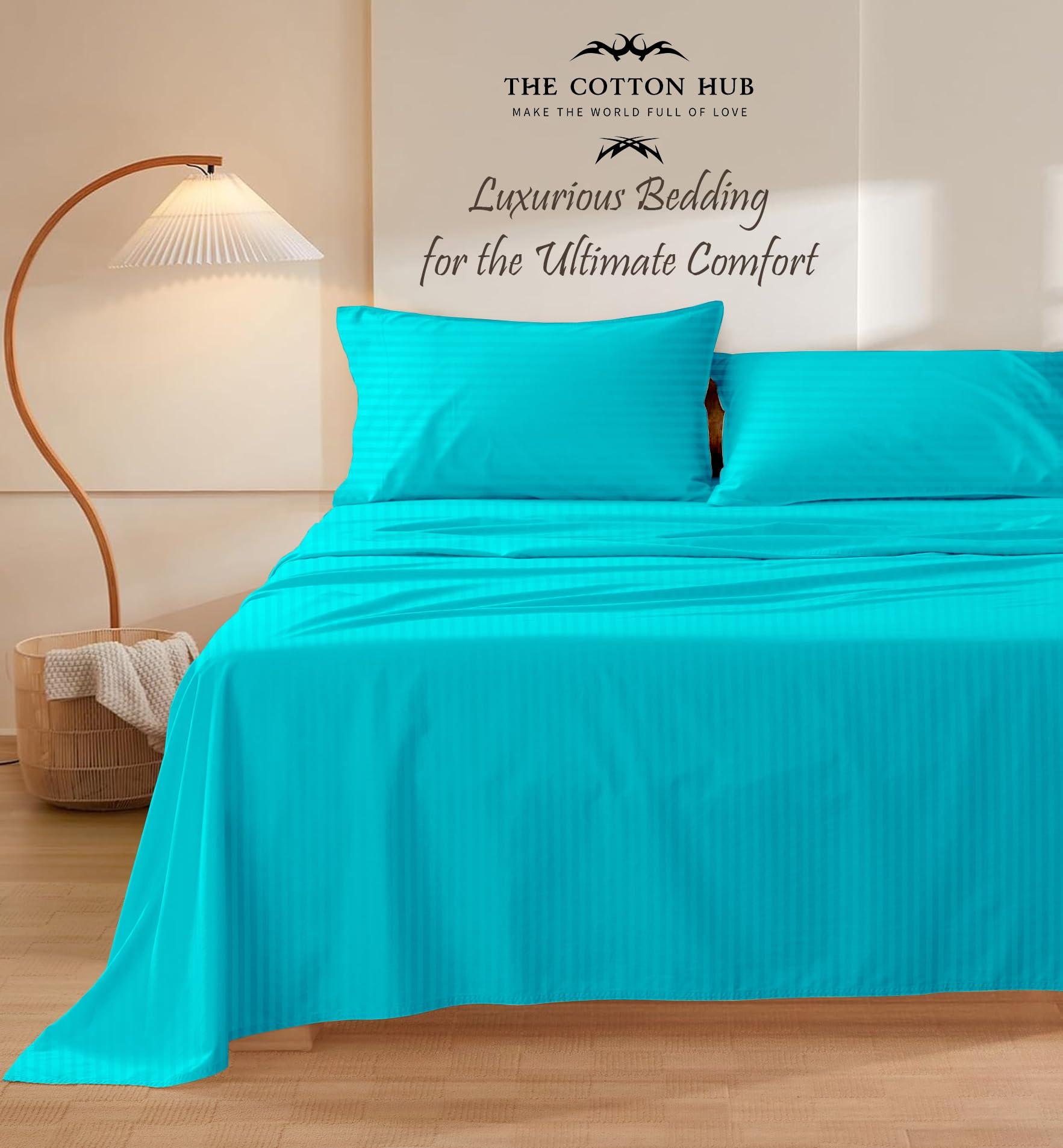 The Cotton Hub Grand King Size 4-Piece Sheet Set 600 Thread Count Peruvian Pima Cotton Bed Sheets fits up to 14-16 inch Deep Pocket (Stripe, Turquoise)