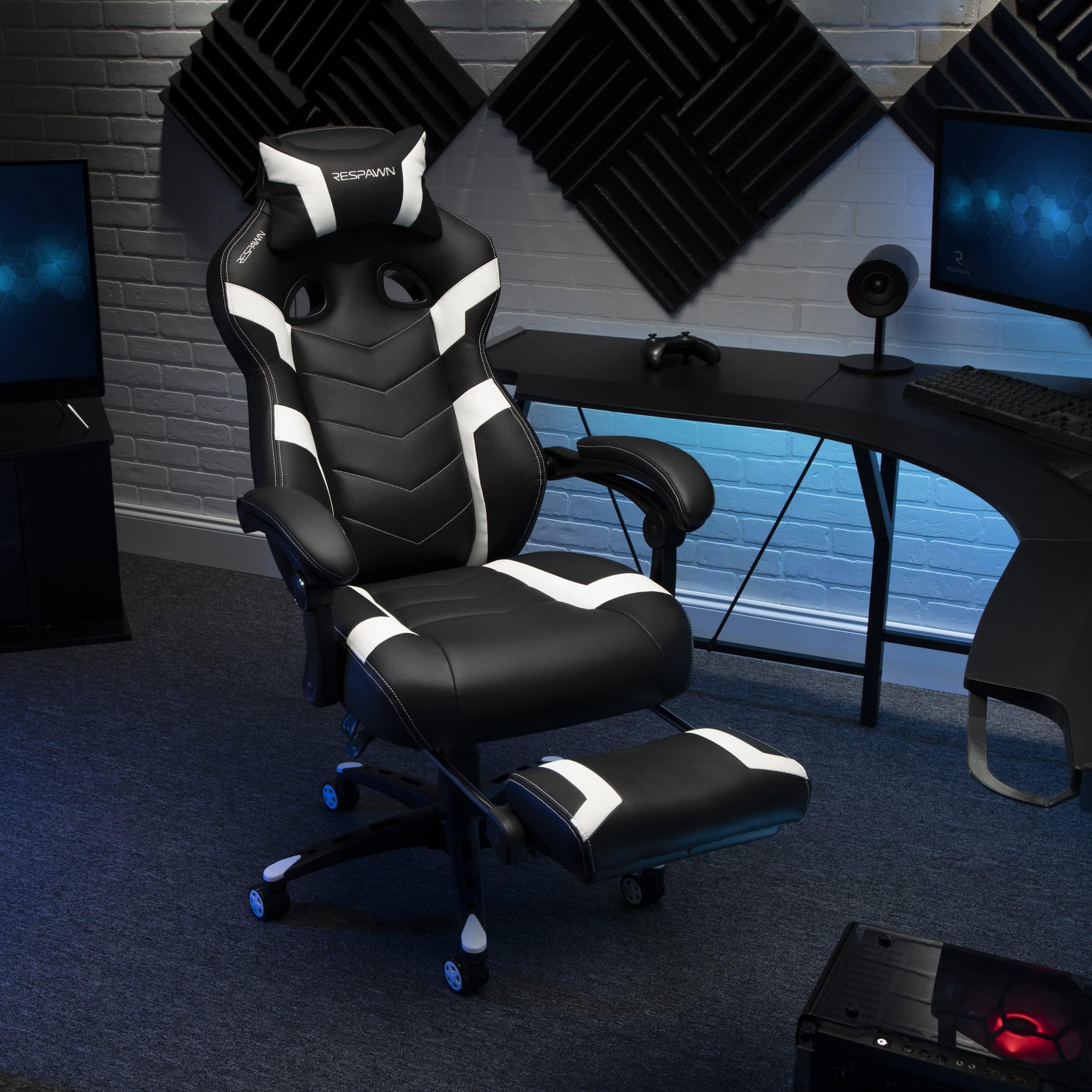 RESPAWN RESPAWN 110 Ergonomic Gaming Chair with Footrest Recliner - Racing Style High Back PC Computer Desk Office Chair - 360 Swivel, Adjustable Lumbar Support, Headrest Pillow, Padded Armrests - 2021 White