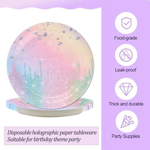 IPEWOEF Gradient Diamond Birthday Party Supplies Macaron Glitter Holographic Disposable Tableware Iridescent Party Decorations Paper Plates Napkins Banner Tablecloth for Girl Kid Baby Shower Wedding 10 Guests
