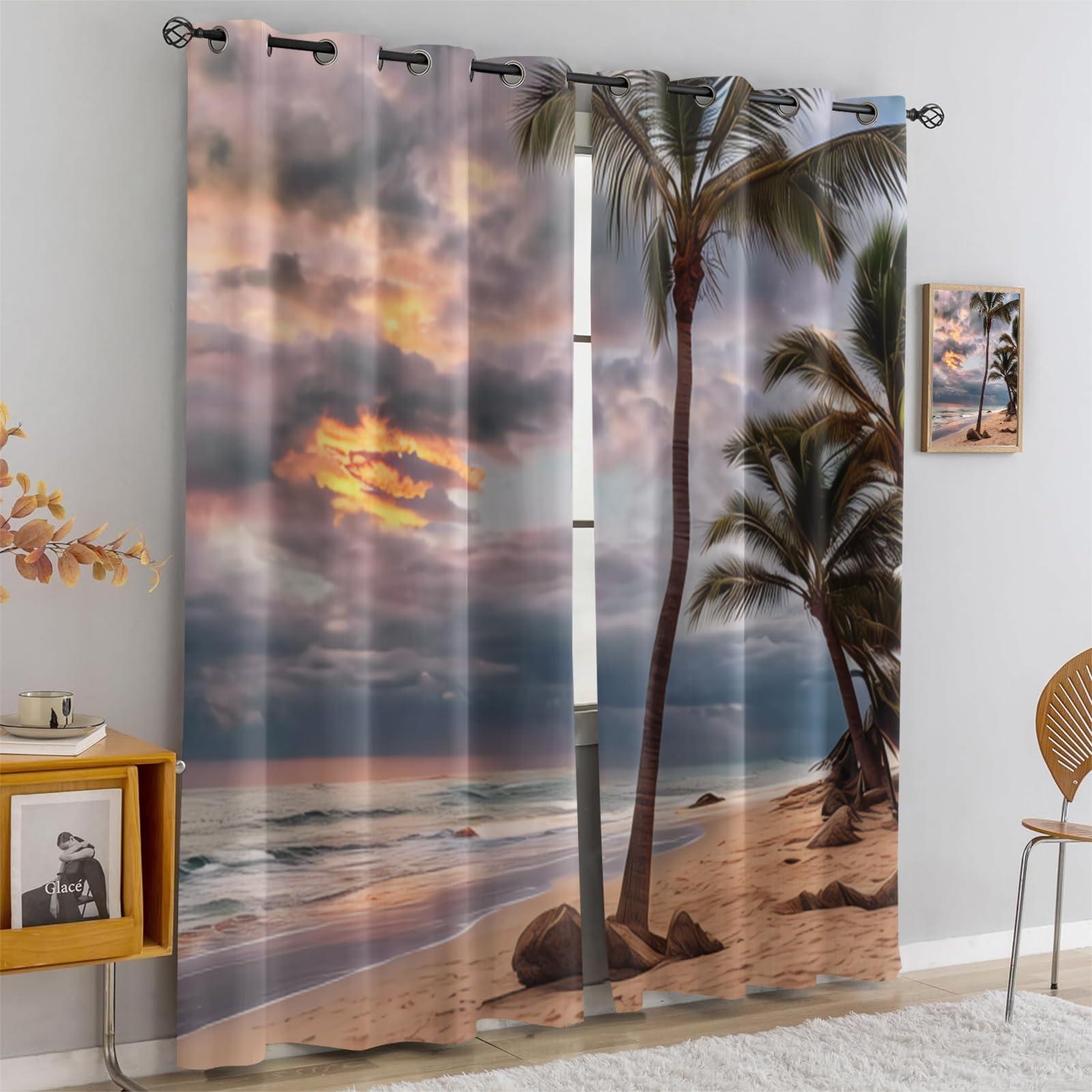 UHKGDS Grey Dark Cloud Sky Insulated Curtains, Tropical Beach Theme Grommet Window Drapes, Ocean Palm Tree Beach Seaview Blackout Curtain, For Boys Girls Bedroom Playroom Living Room Home Decor-W72xL63in