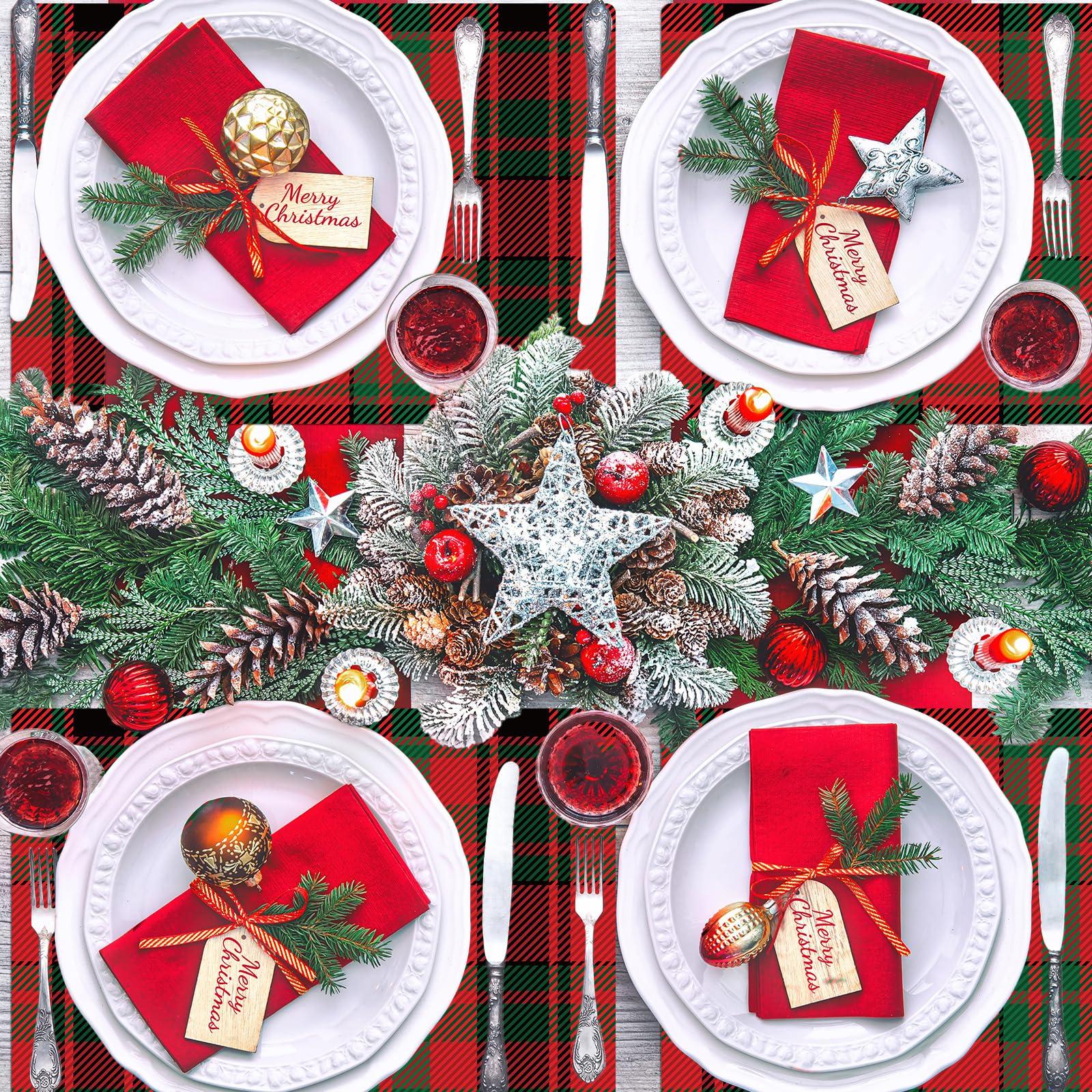 OBUSATT Christmas Placemats Set of 6 Red and Green Plaid Plastic Table Mats Recyclable Place Mats Washable Farmhouse Holiday Table Decoration for Indoor Outdoor Christmas Party Kitchen Dining Table